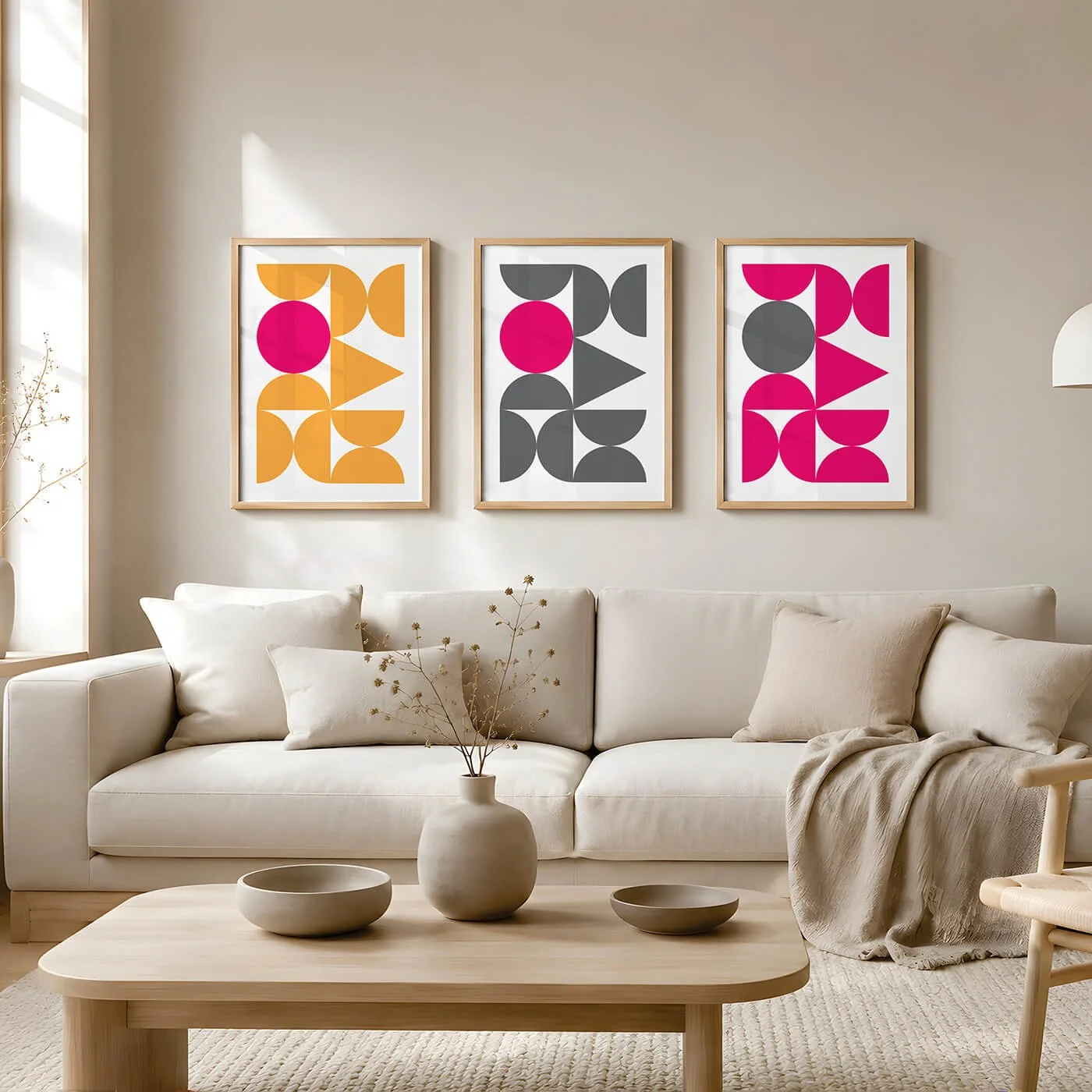 colourful set of abstract shapes in bold yellow and pink tones displayed on wall above beige sofa