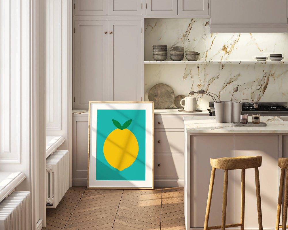 big lemon print with green background in kitchen