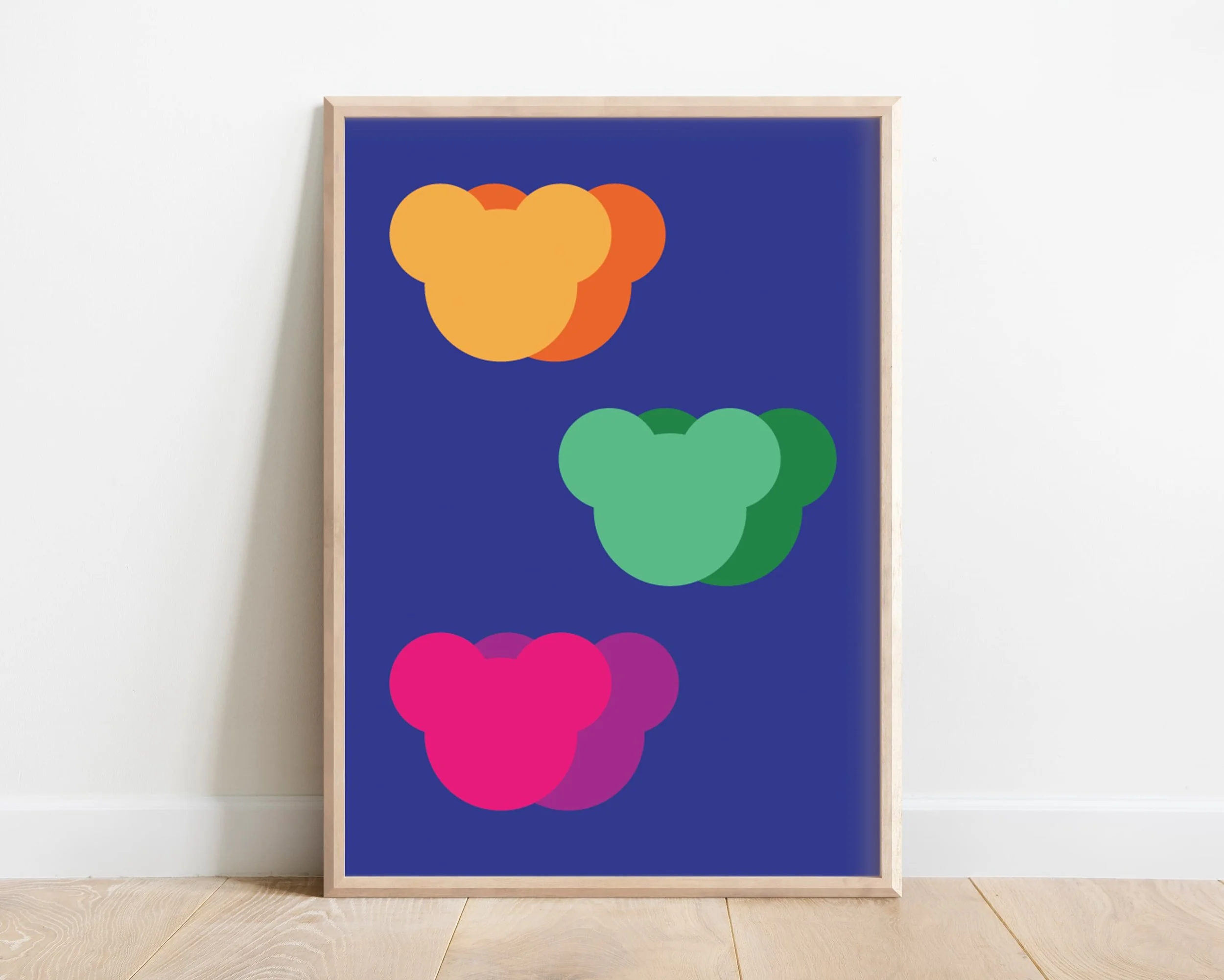 Minimalist animal print of teddy bears in vibrant colours for children’s room decor