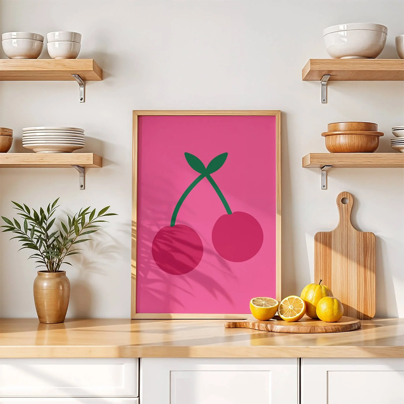 Pink Cherry Kitchen Print displayed in a bright kitchen with colourful décor