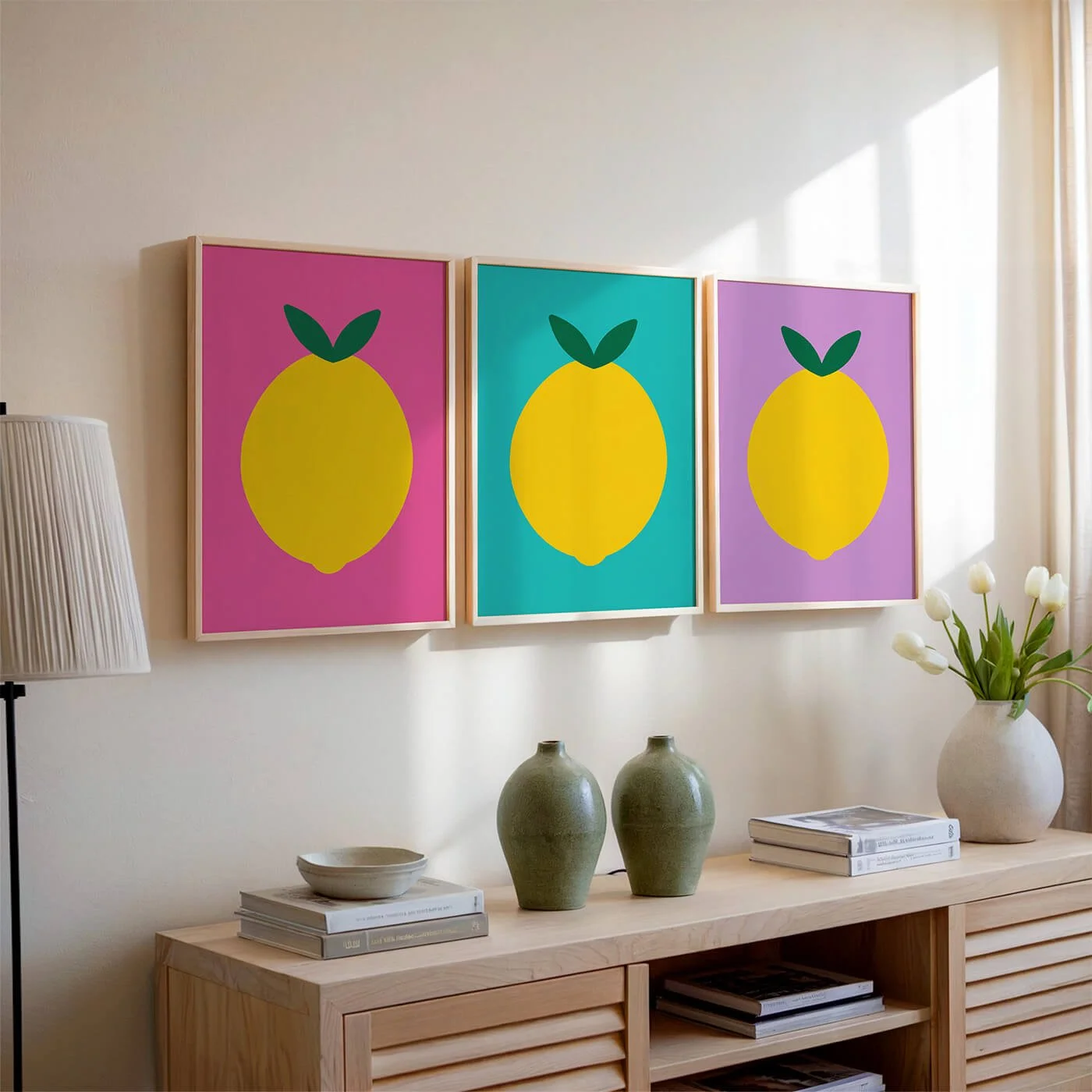 matching lemon print set displayed in frames on wall above wooden sidetable and lamp