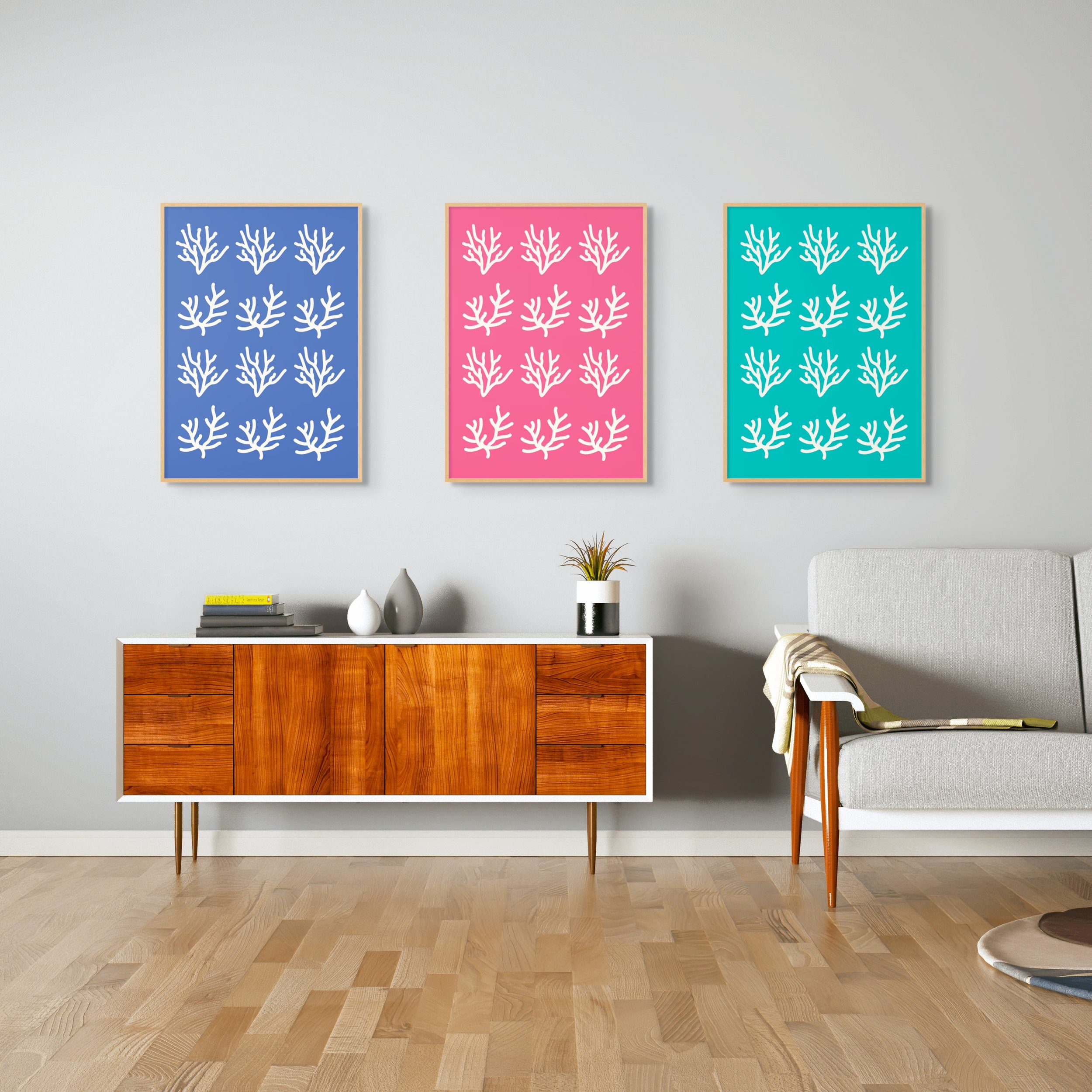set of sea themed prints in living room