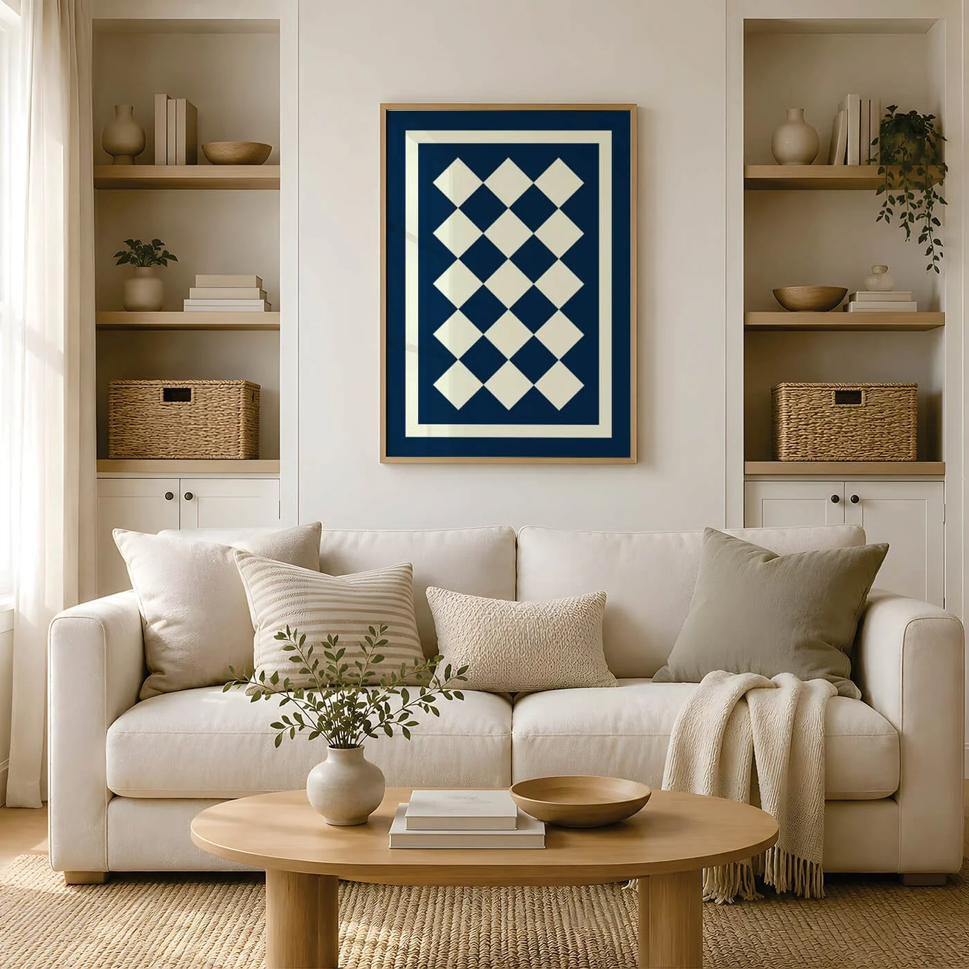 Blue geometric Aztec wall art print with cream diamond pattern in a contemporary neutral living room
