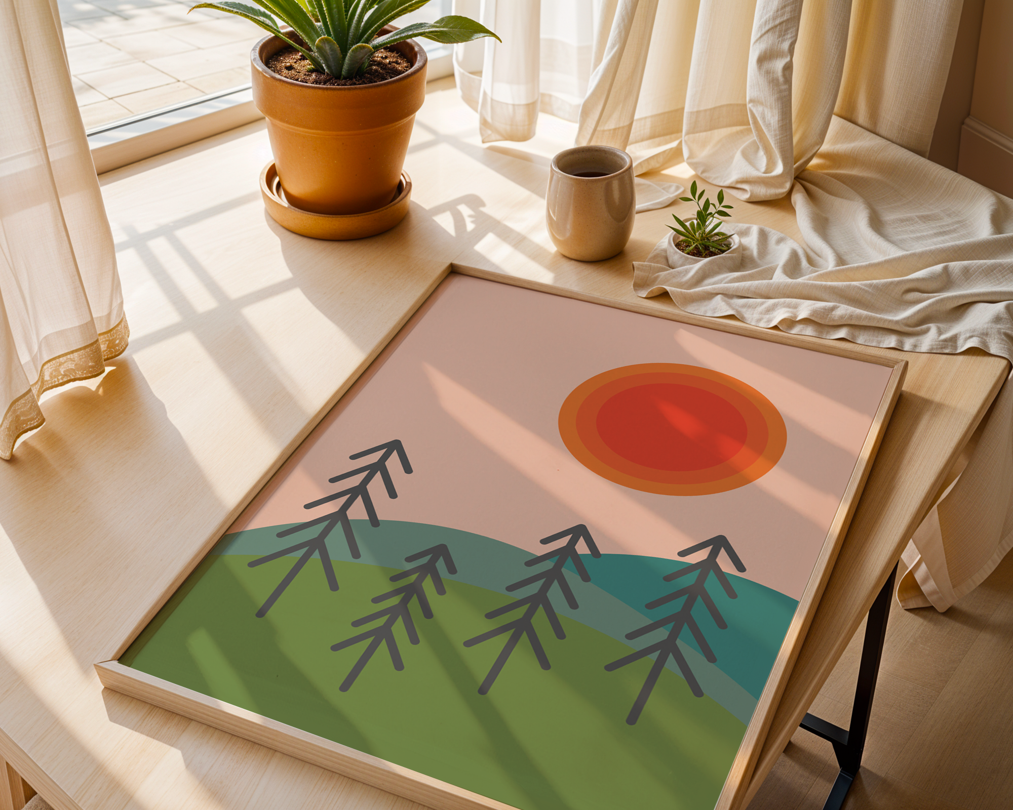 abstract outdoor print in frame on table
