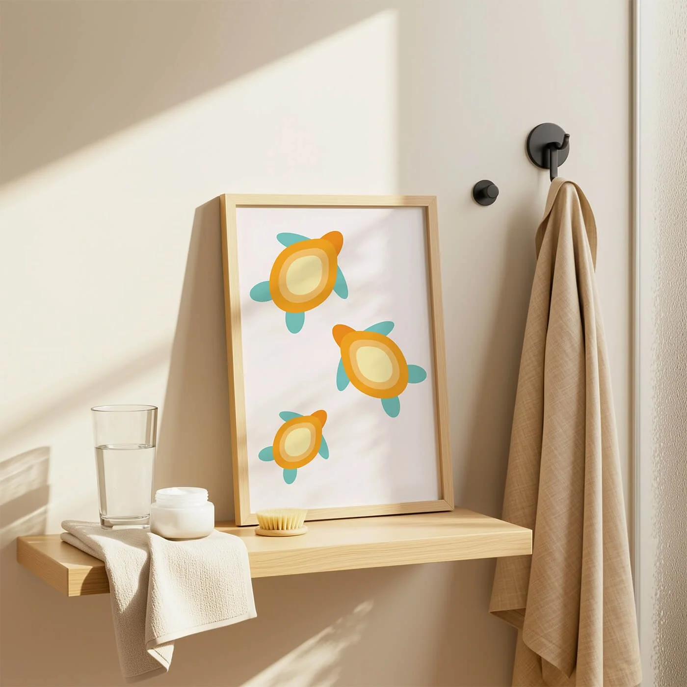 framed yellow turtles print displayed on minimalist bathroom shelf