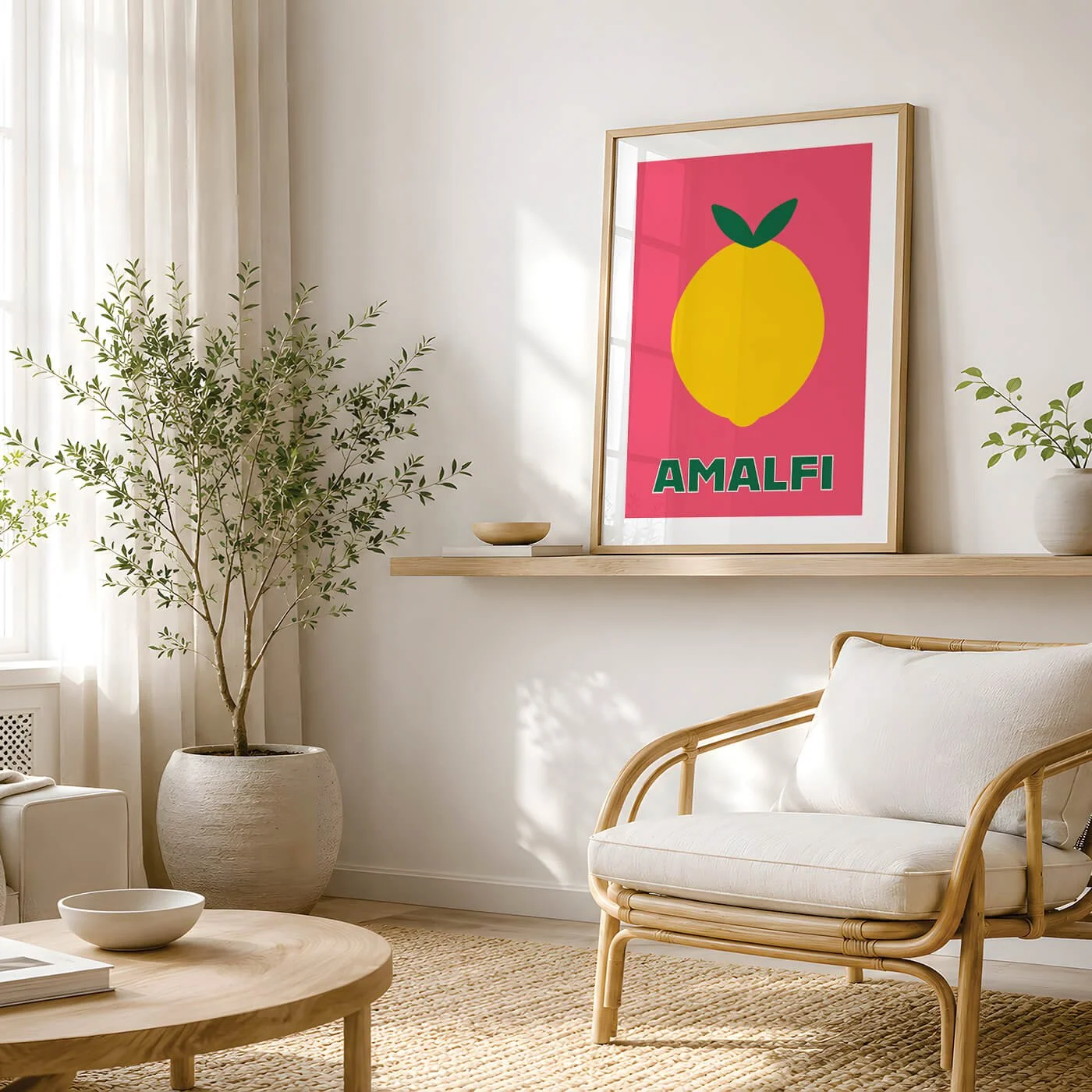 framed amalfi lemon print in pink displayed on wall above wicker chair in living room