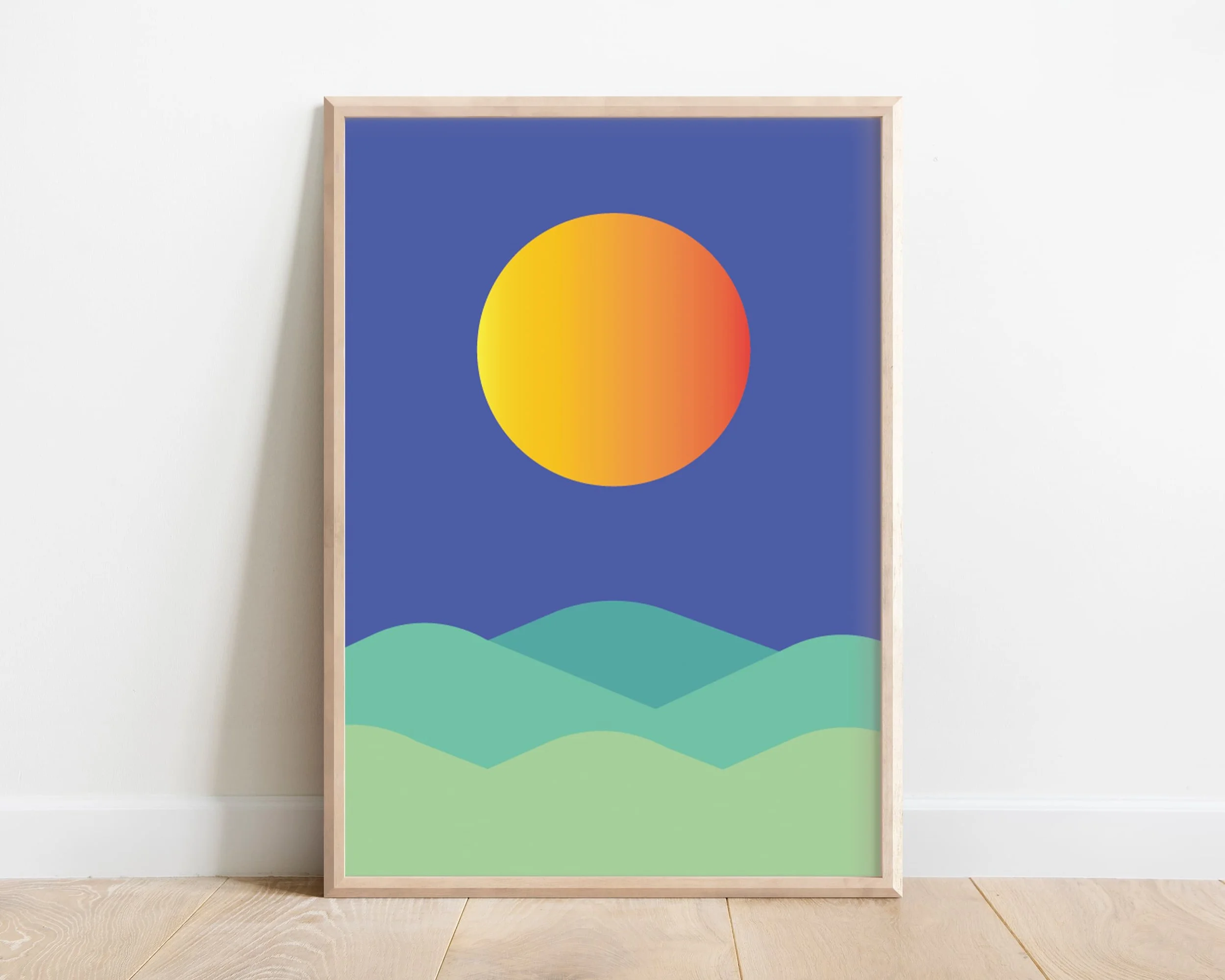 Colourful framed nursery wall art featuring sun and rolling hills in a playful, gender-neutral design. Perfect for UK homes with modern décor