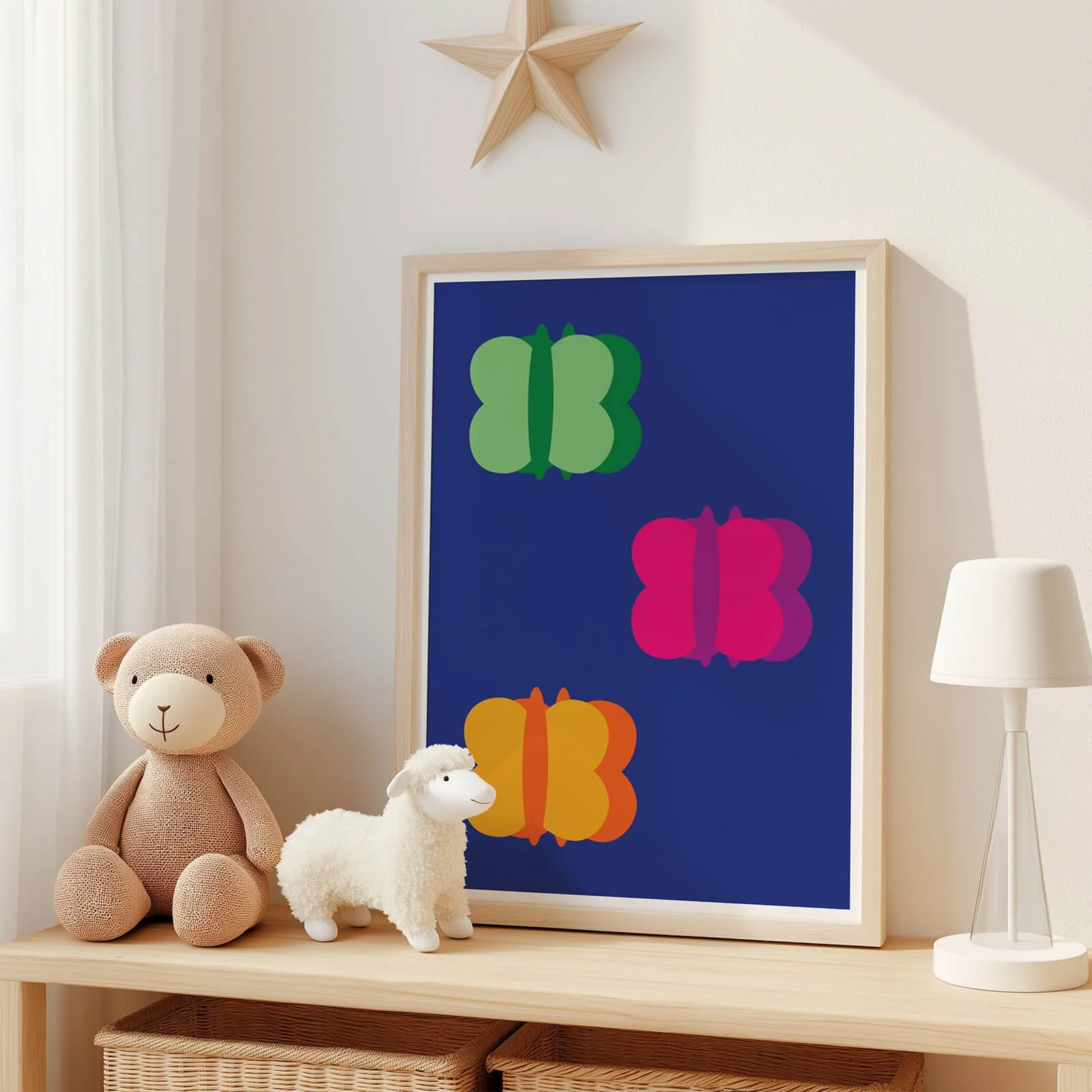 Framed butterfly wall art in deep blue tones with colourful multi-coloured butterflies – print for a UK children’s bedroom or nursery decor.