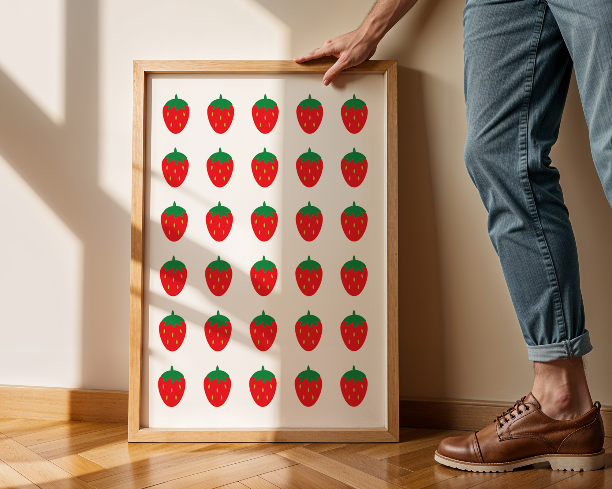 person holding wooden frame with strawberry print