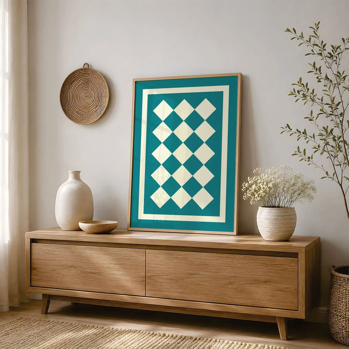 Teal and cream geometric Aztec print in oak frame styled on a wooden sideboard with modern neutral décor