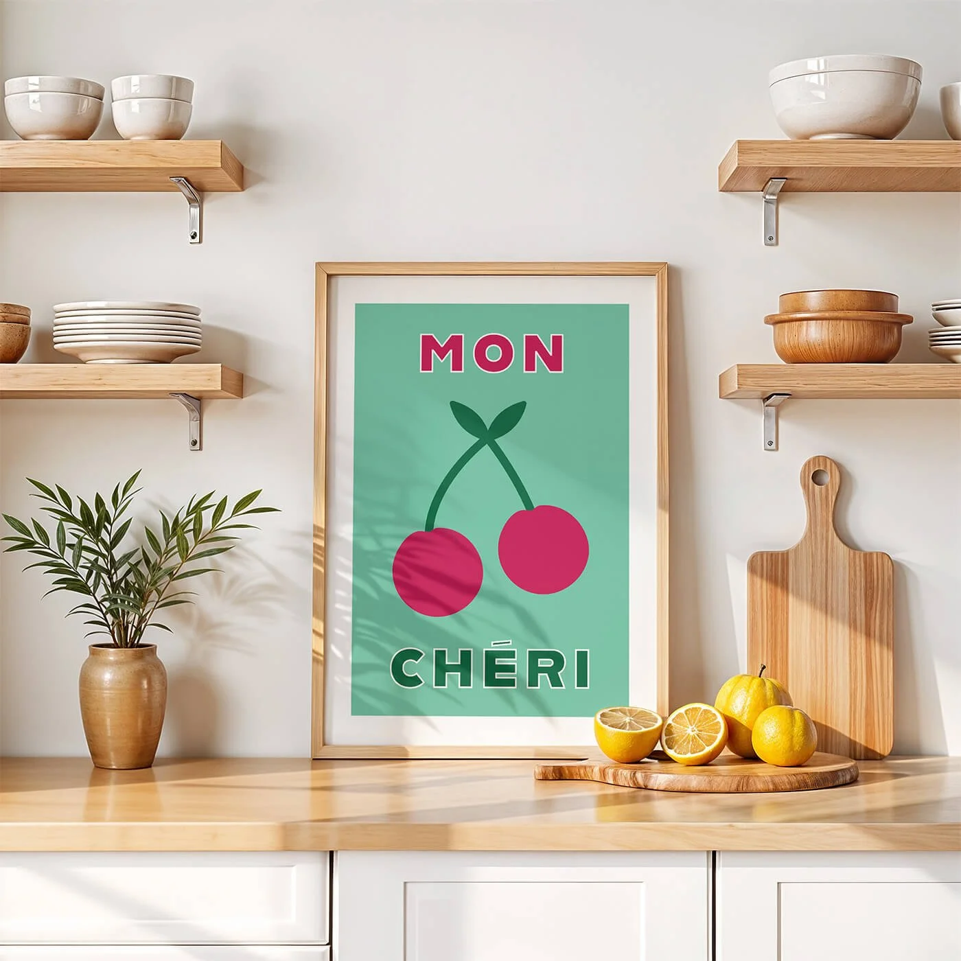 Green Mon Cheri typography art print by Amatus in a wooden frame on a modern kitchen wall