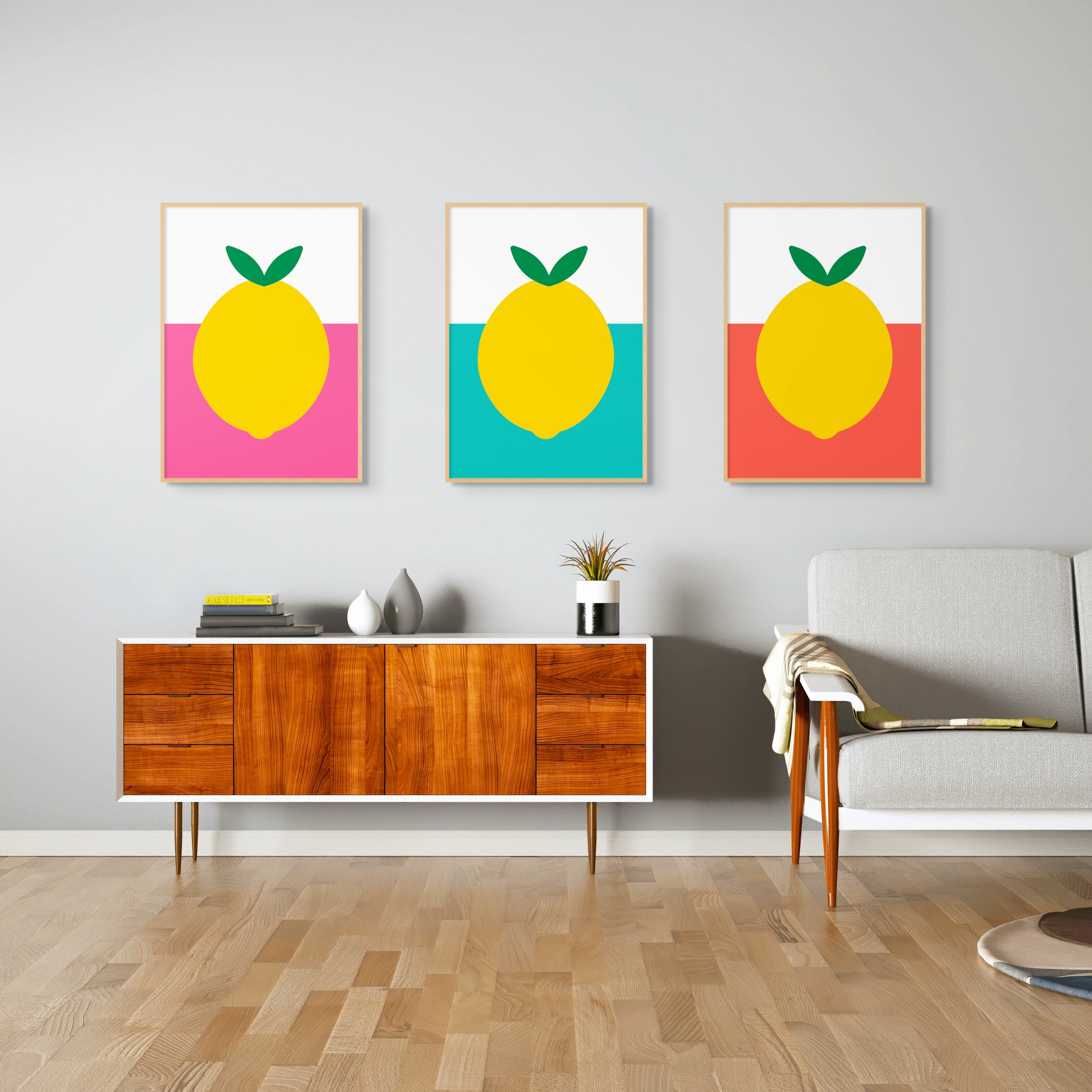 Prints of lemons in frames in bright living room