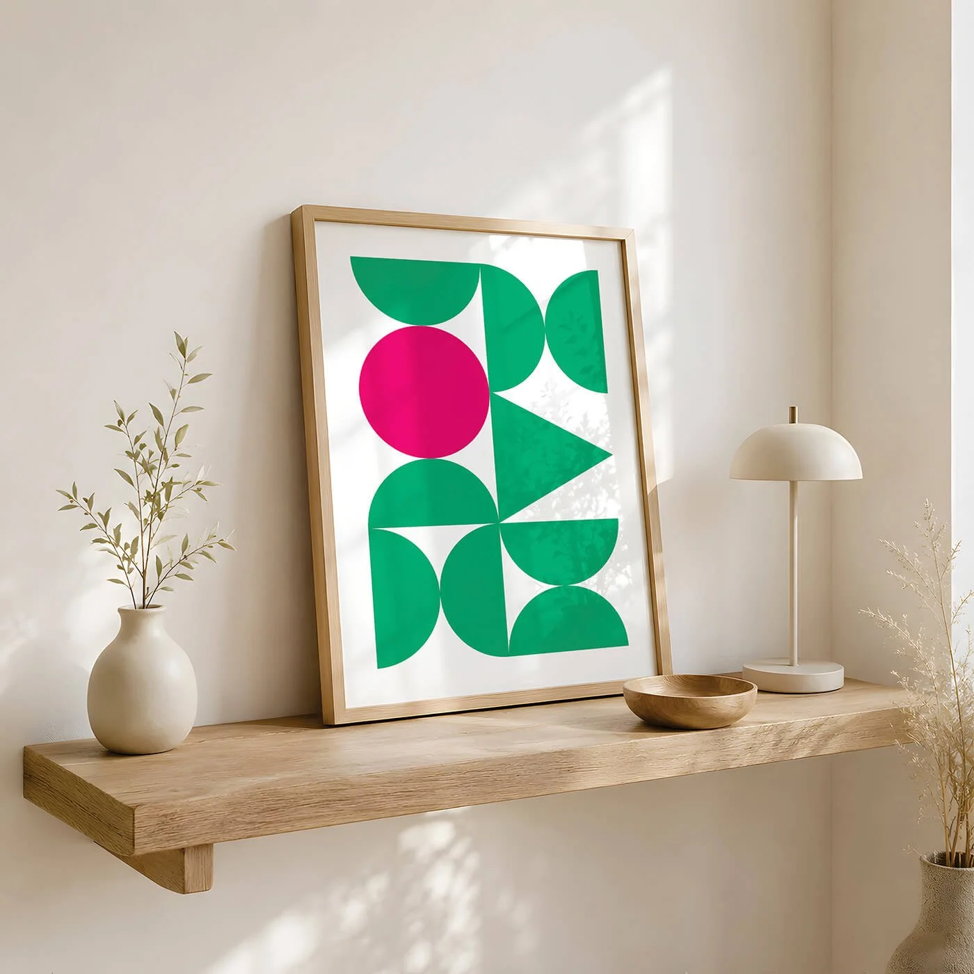 Framed Bauhaus modern wall art with white geometric shapes on a green teel background