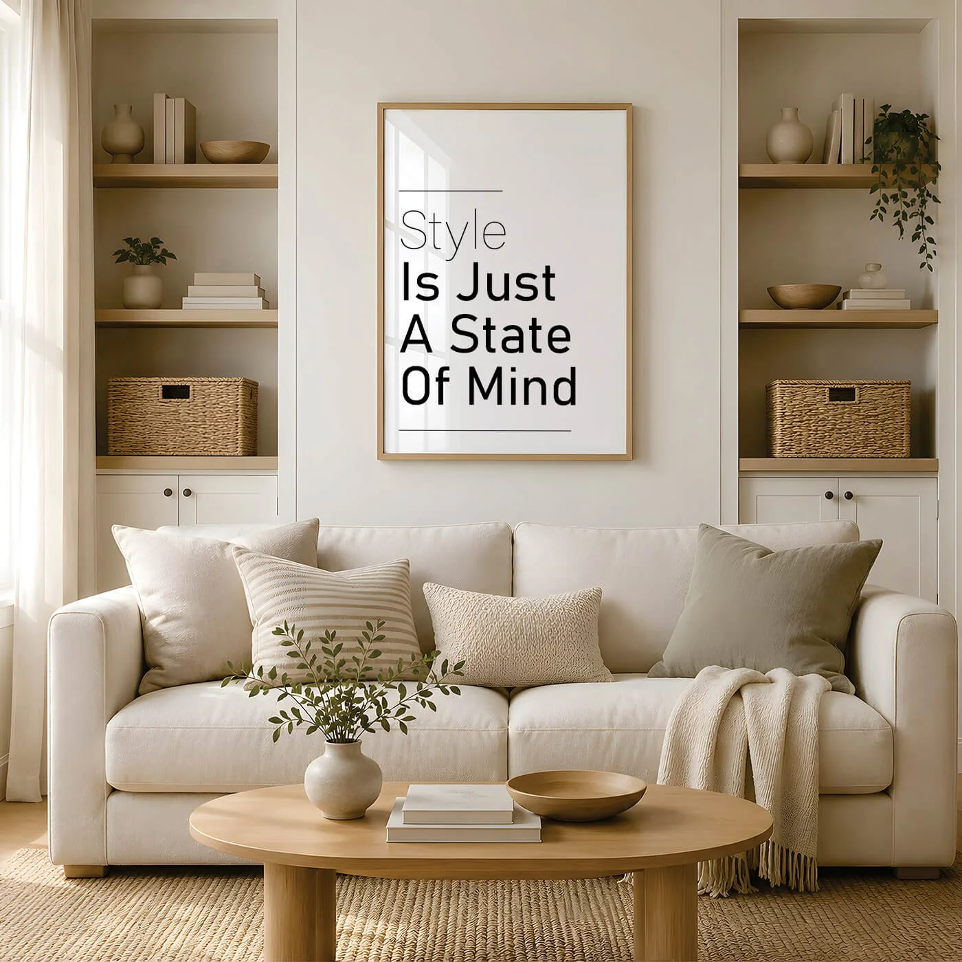 black and white typography print about style displayed on wall above cream sofa in beige coloured living room