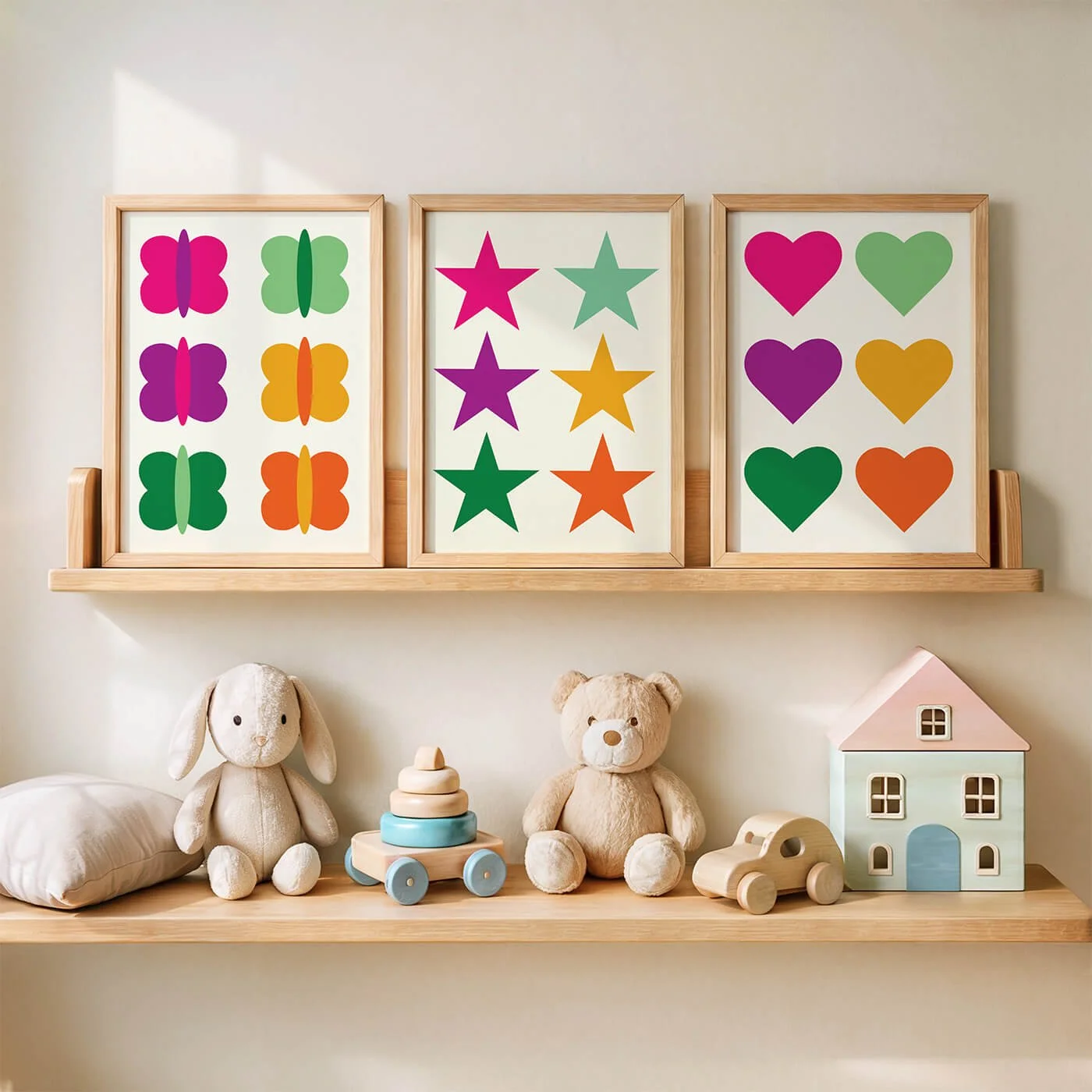 framed set of colourful retro kids prints featuring butterflies, hearts and stars