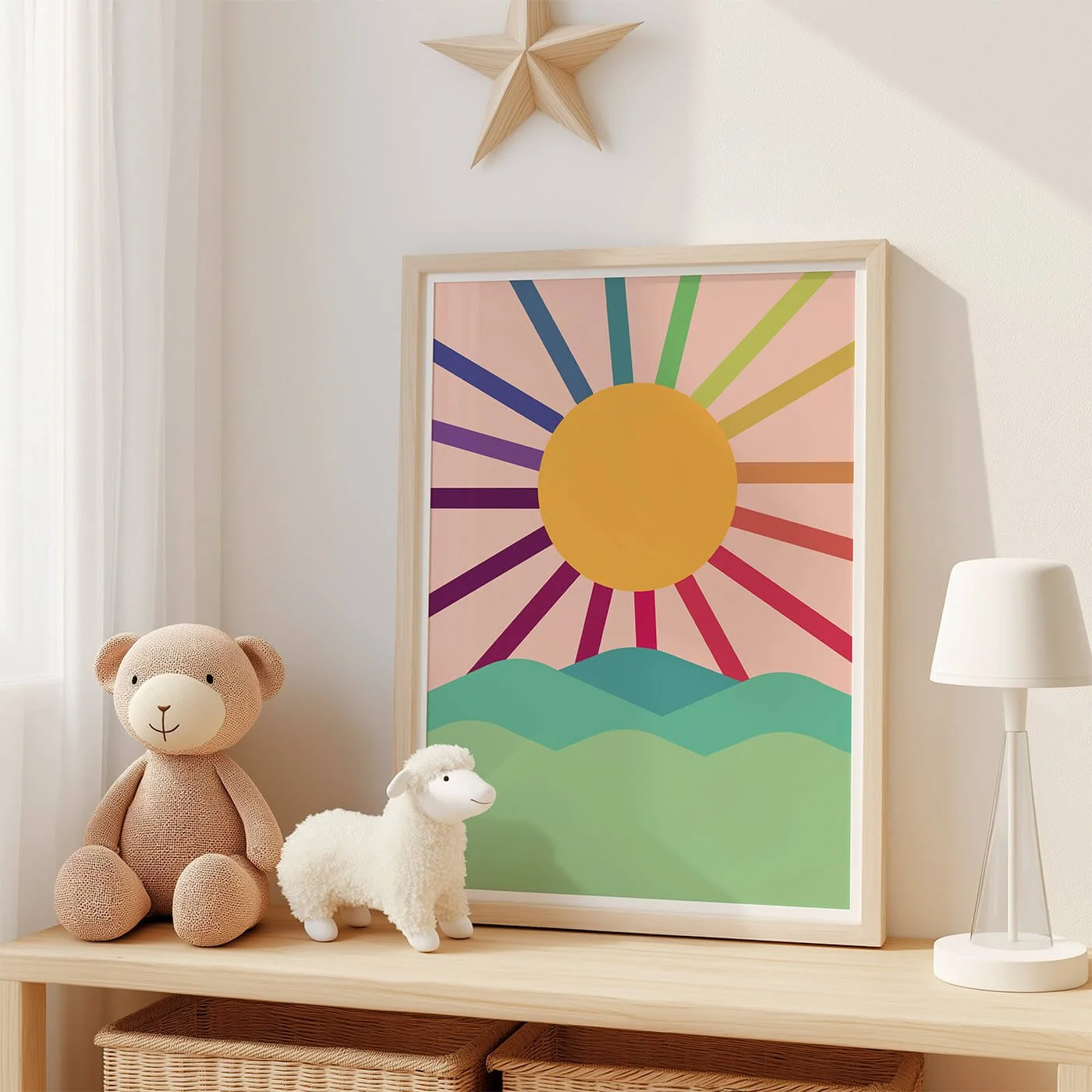 framed rainbow print with peach coloured background displayed on shelf in scandi style childrens bedroom