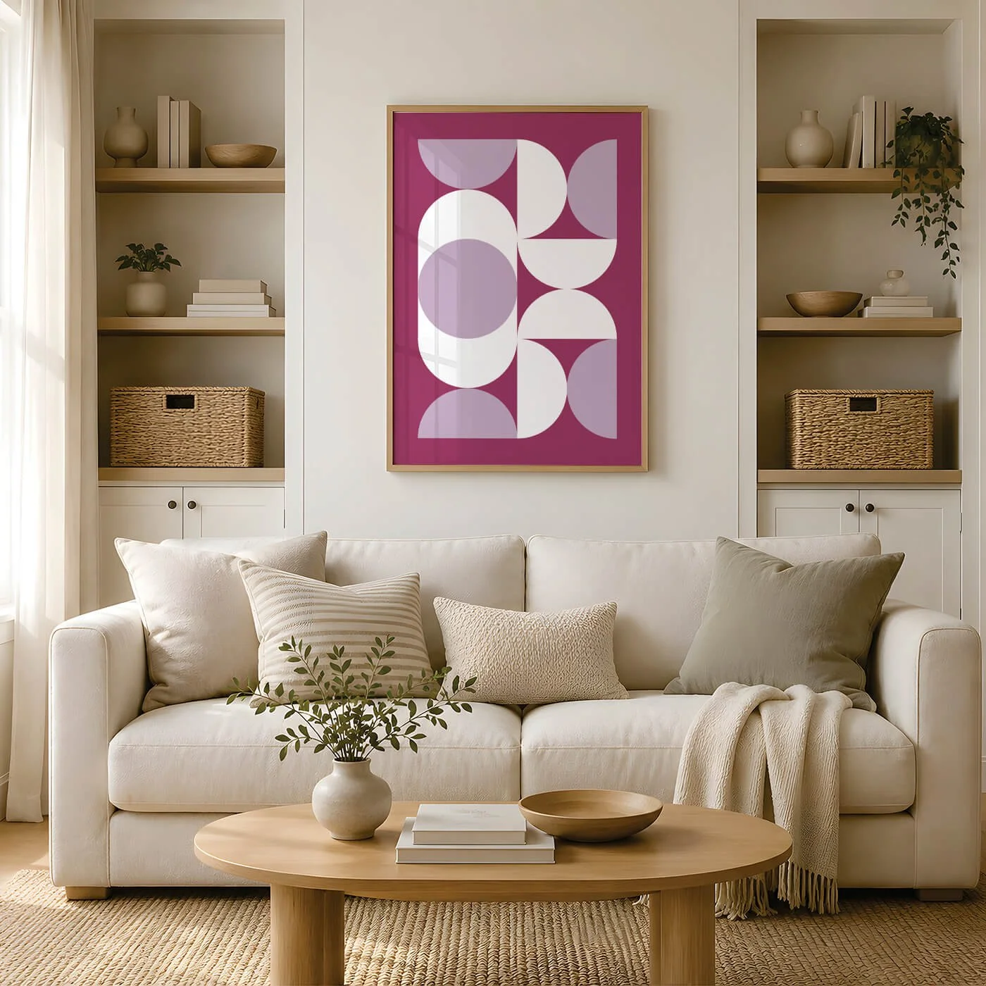 Purple Bauhaus geometric wall art displayed above cream sofa in neutral living room with built-in shelving