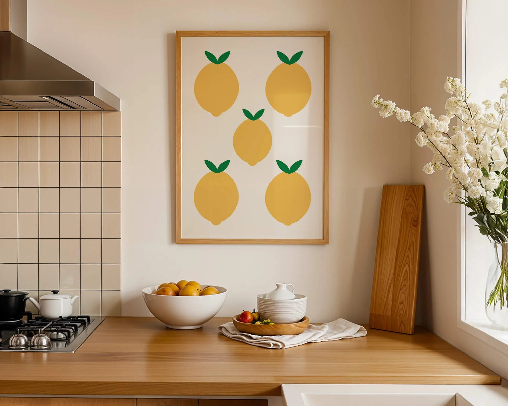 framed scandi kitchen print of five big lemons on white background