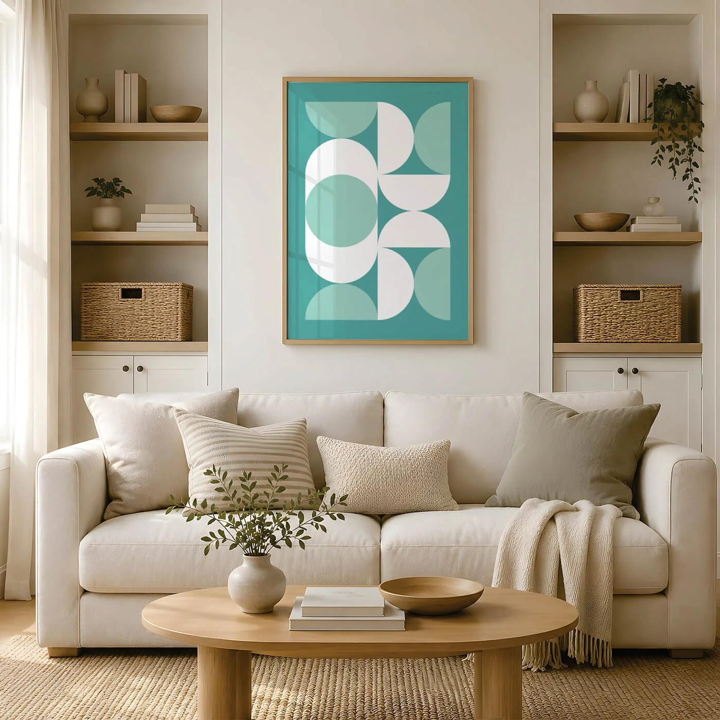 Green Bauhaus geometric wall art displayed above cream sofa in neutral living room with built-in shelving