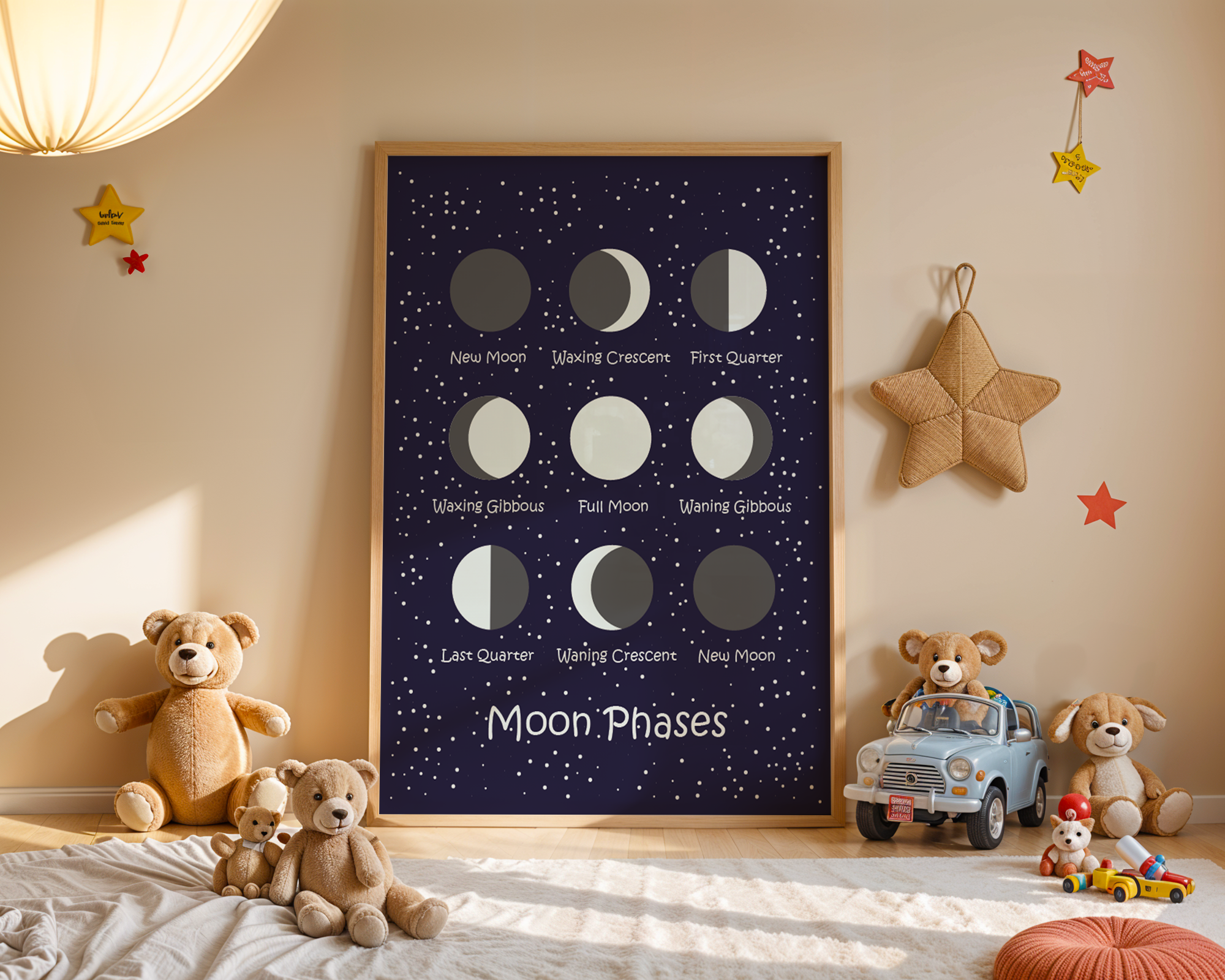Moon themed wall art in frame with sunlight on wall in background
