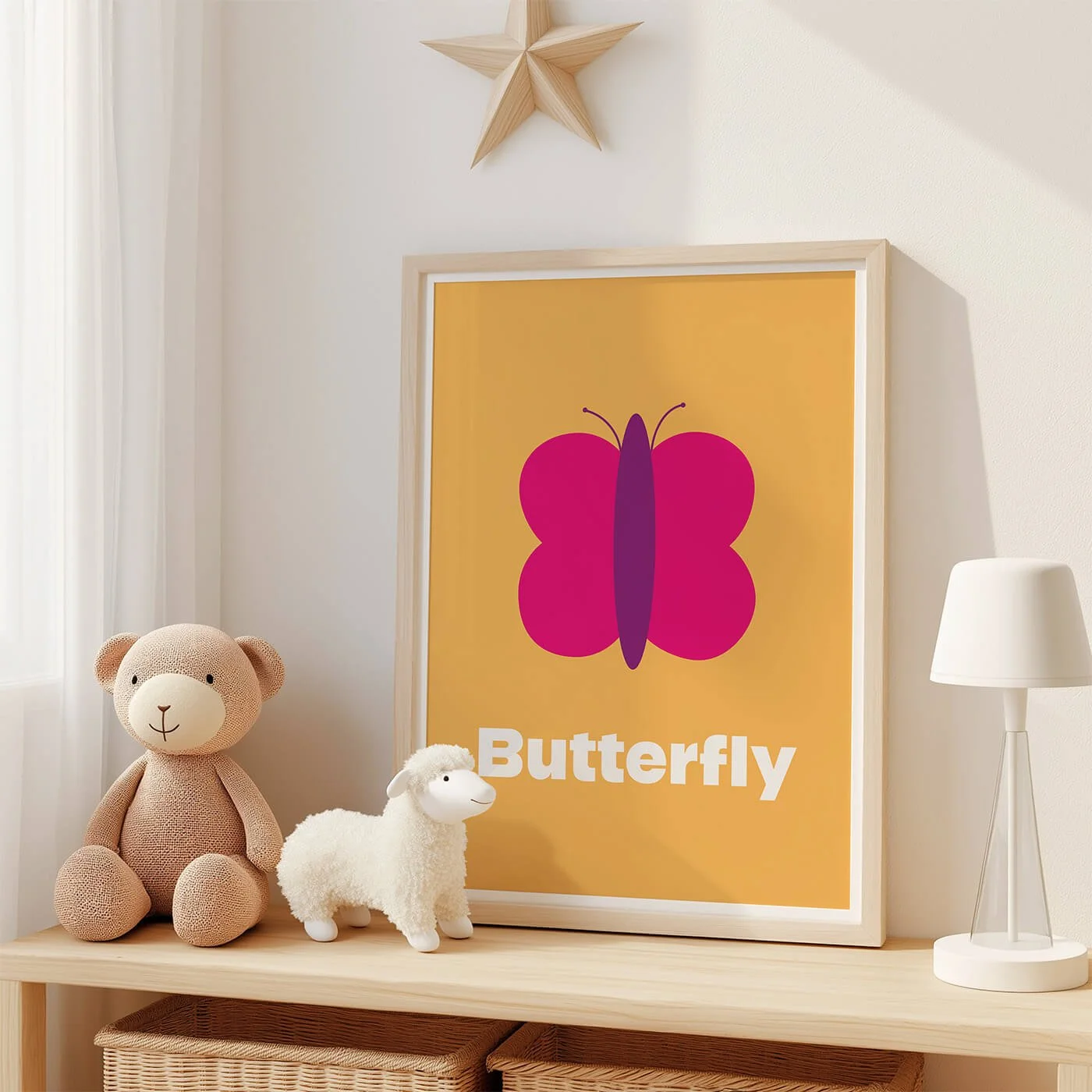Butterfly Learning Print displayed in a modern oak frame on a shelf in a contemporary children's bedroom with two soft toys. Colourful butterfly wall art on a yellow background.