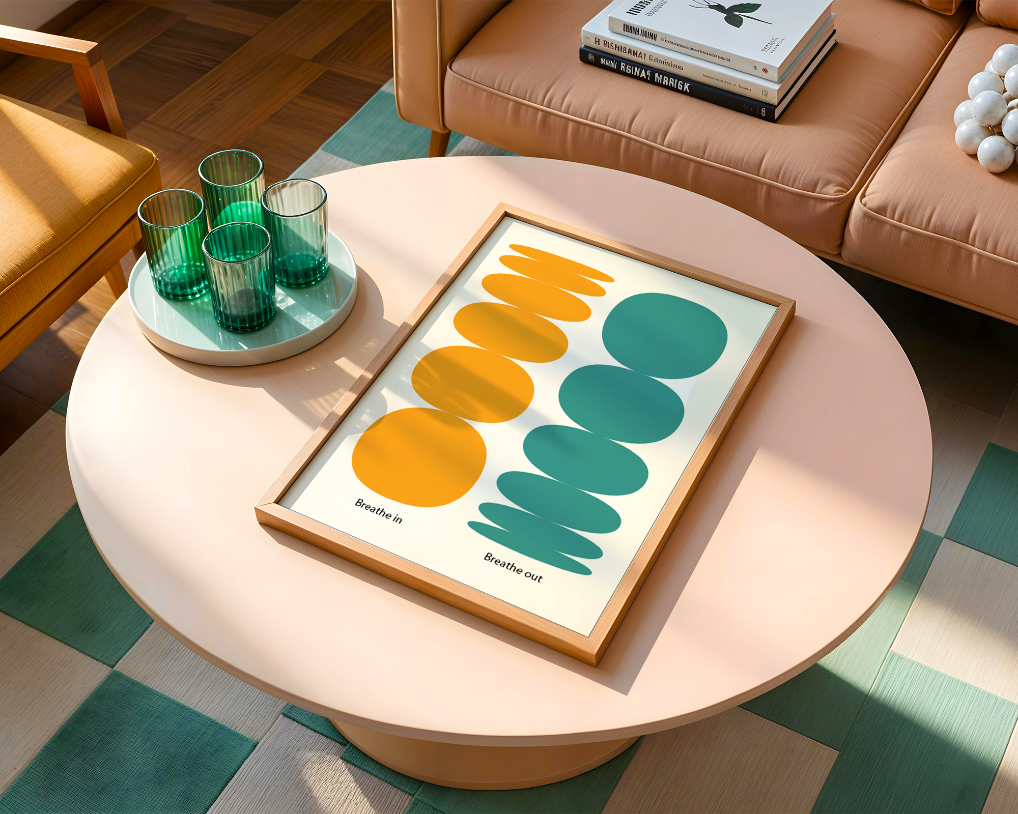 colourful meditation poster on table next to sofa and glasses - in retro living room