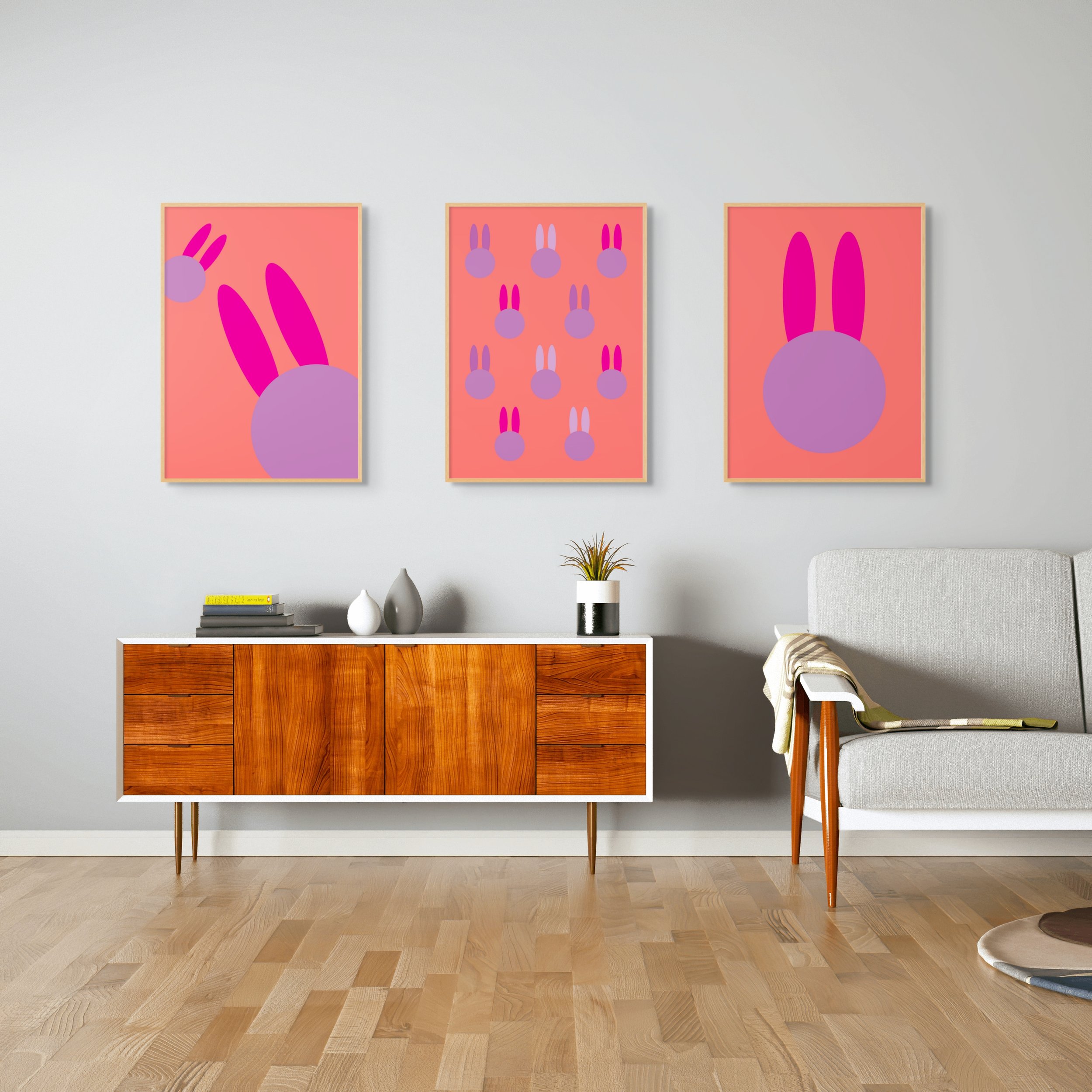 prints for nursery. three pink prints of bunnies