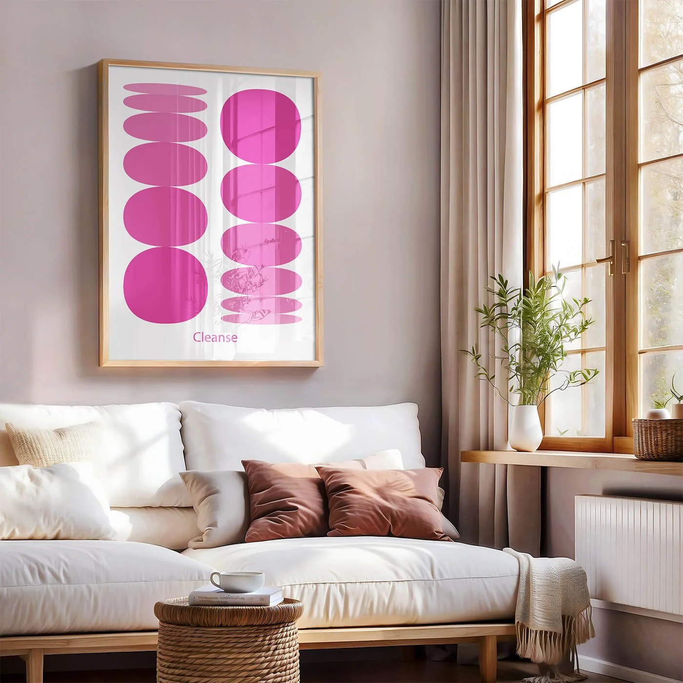 Framed violet positive energy art print hanging above a sofa in a modern living room