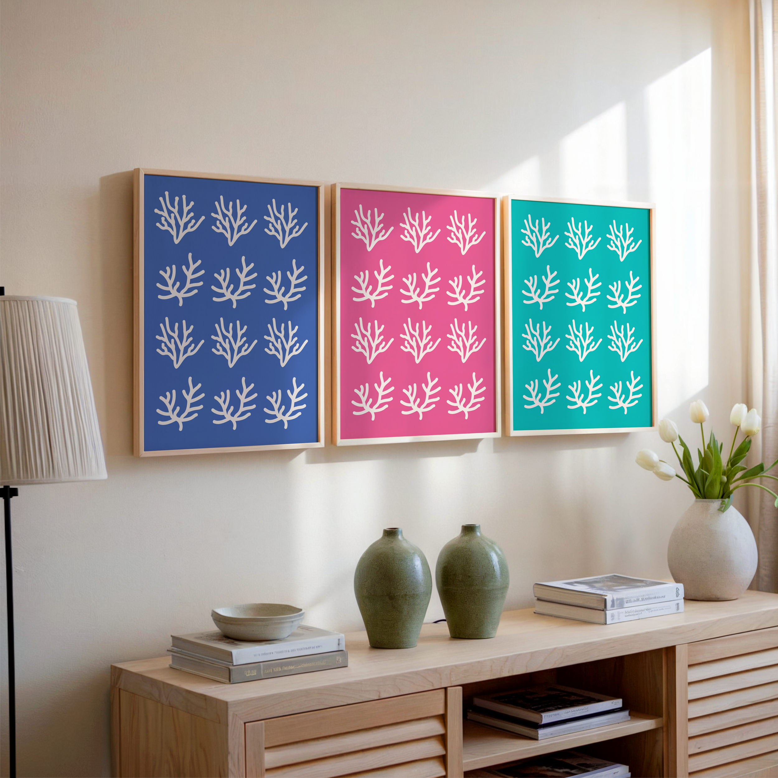 sea coral bathroom prints in wooden frames