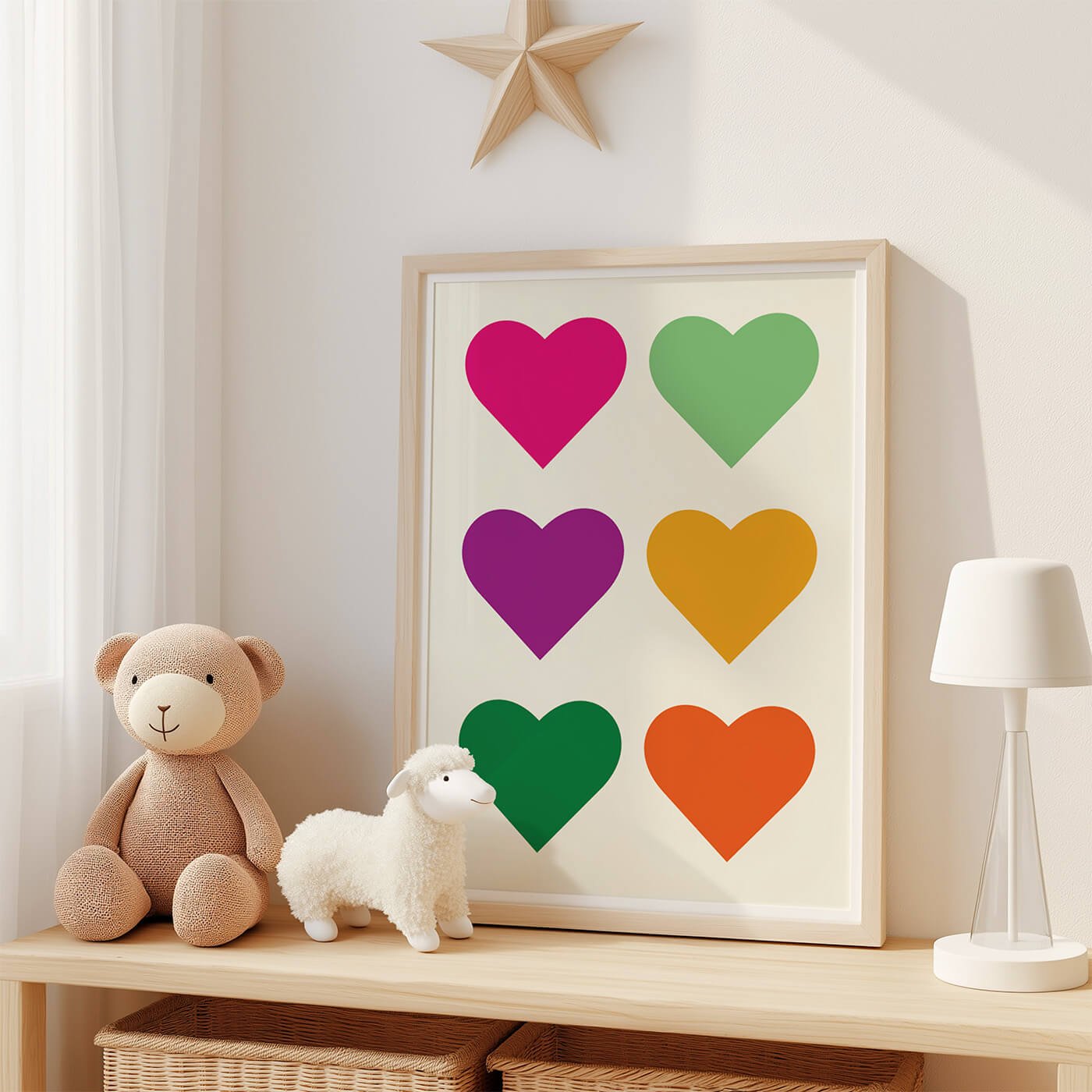 colourful retro style childrens art print featuring colourful hearts on white background