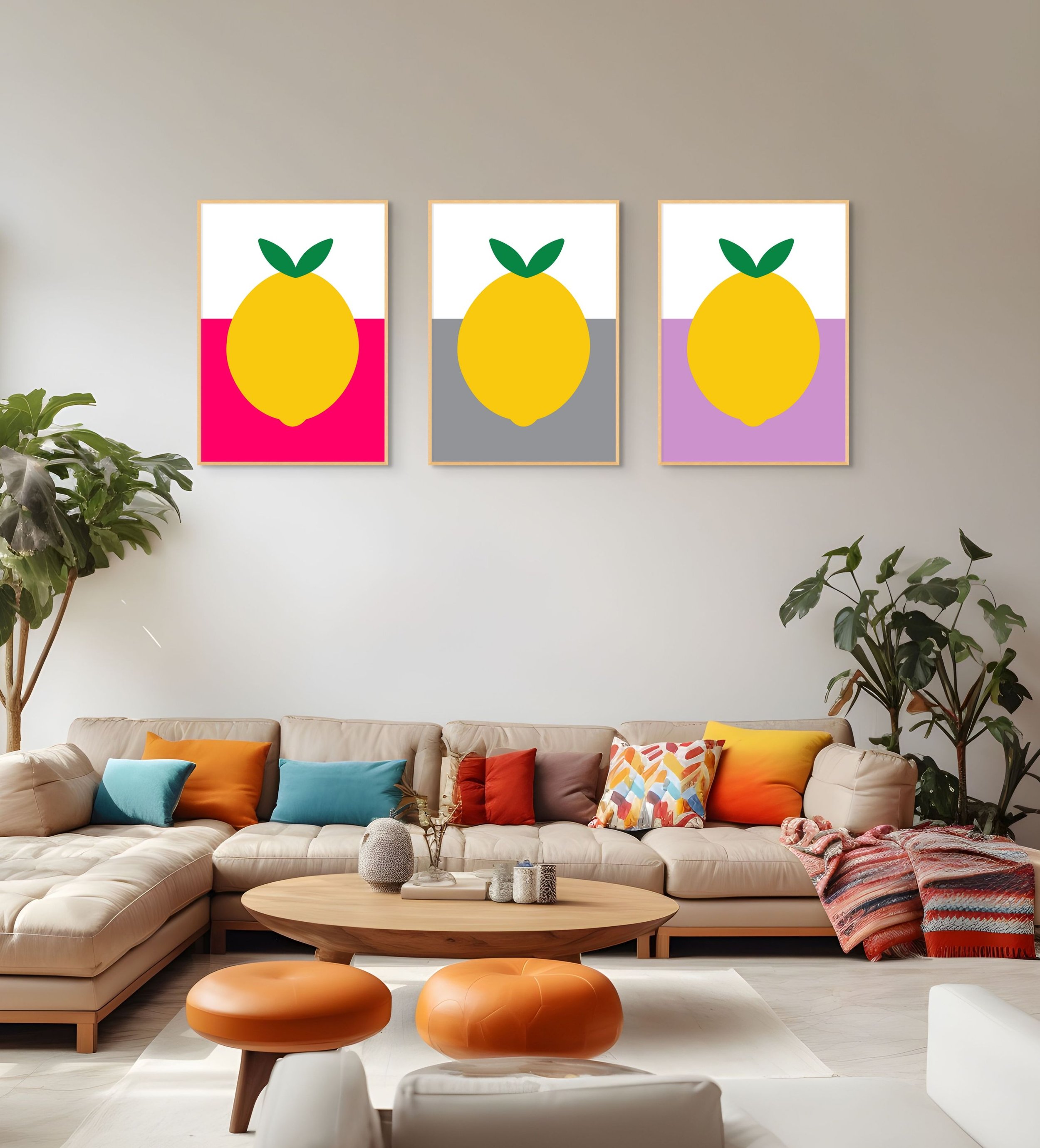 set of lemon prints in contemporary living room