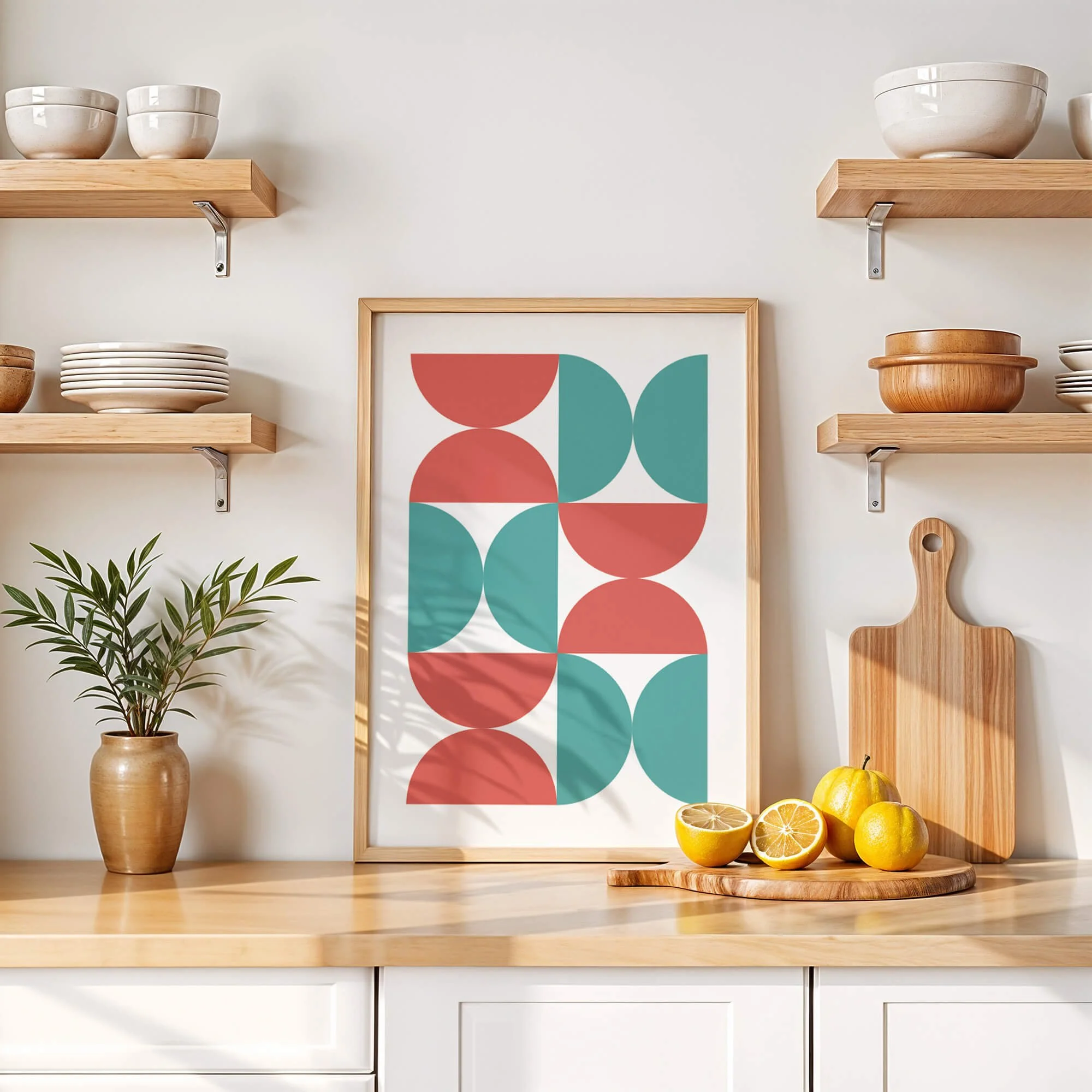 Framed minimalist bauhaus wall print with green and coral gempetric shapes on soft white background
