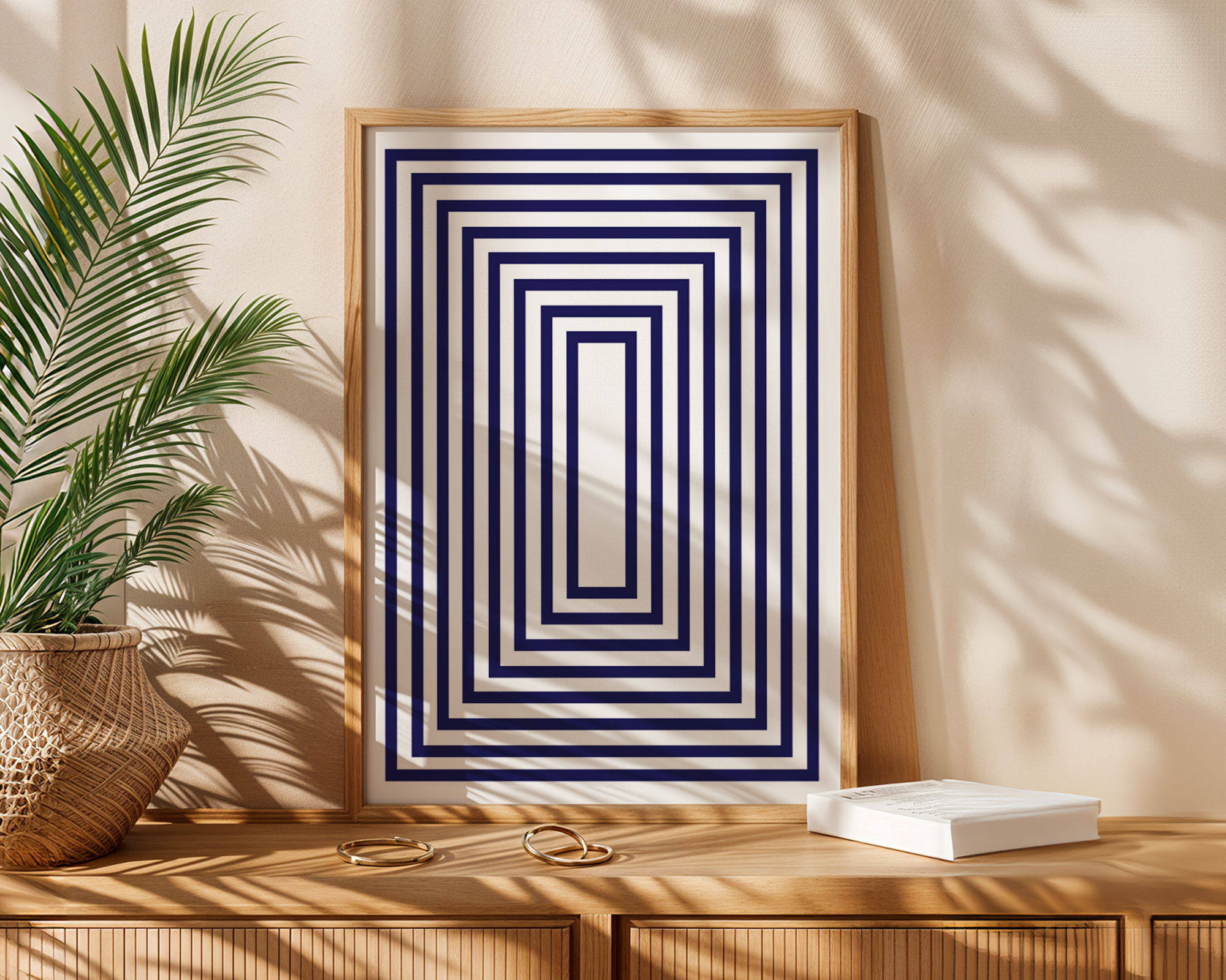 blue abstract bathroom print in frame