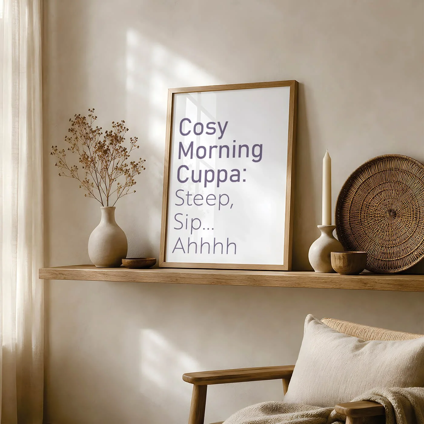Tea Typography Print in a wooden frame above a shelf in a neutral living room