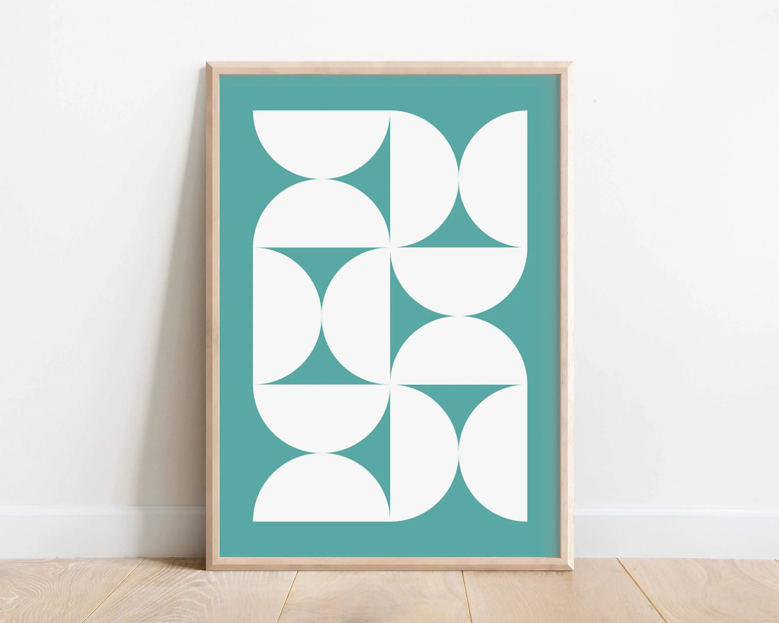 Green and white Bauhaus-inspired geometric wall art print featuring modern abstract shapes and minimalist design