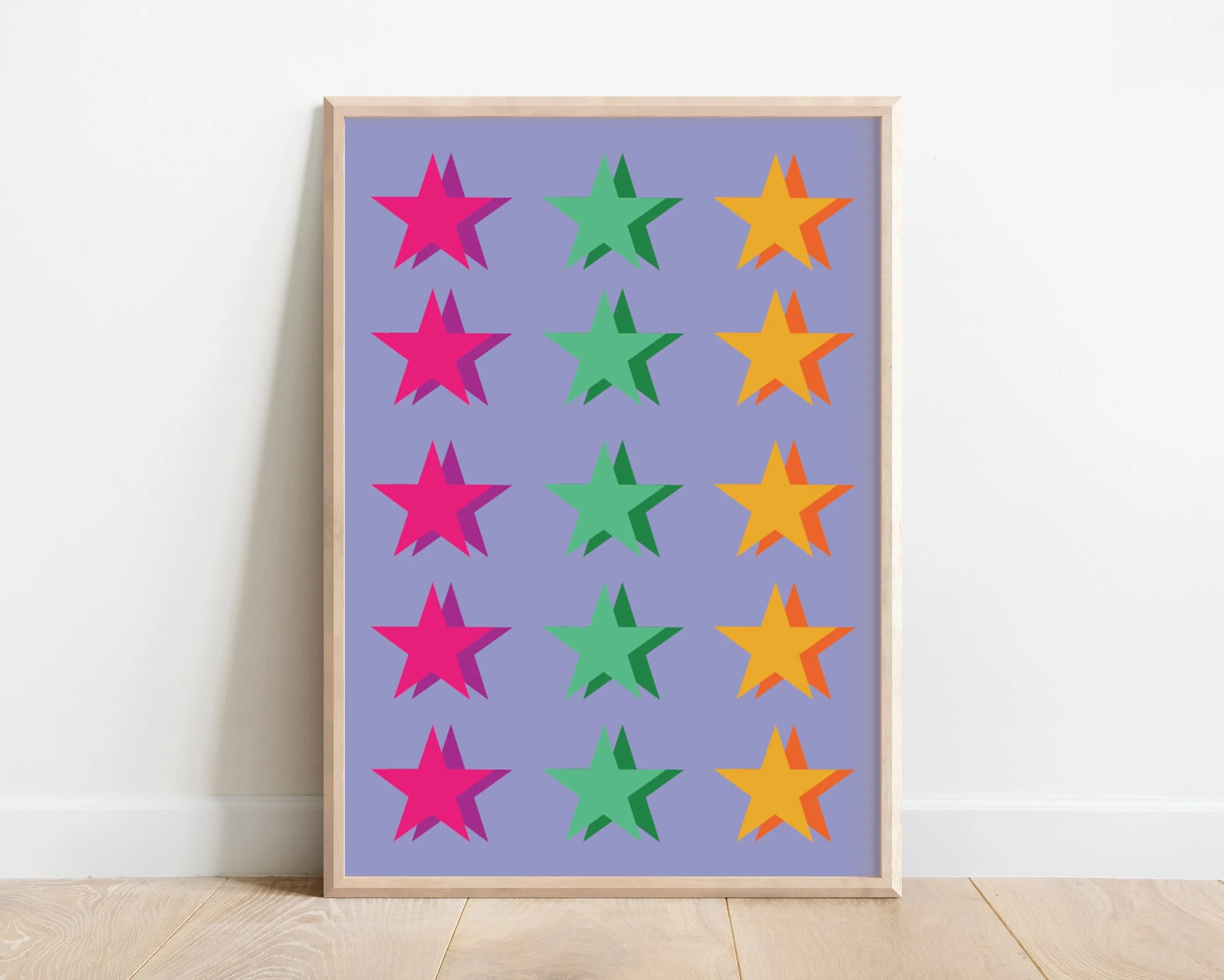 Close-up of colourful kids’ star wall art in yellow, pink, and green, perfect for bedroom or nursery decor.
