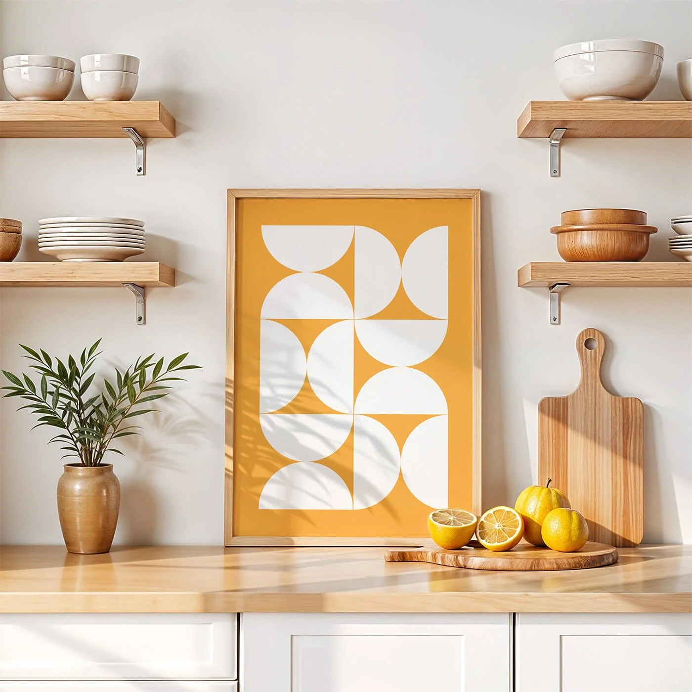 Framed picture of a bauhaus style print in yellow displayed on scandi style wooden cabinet