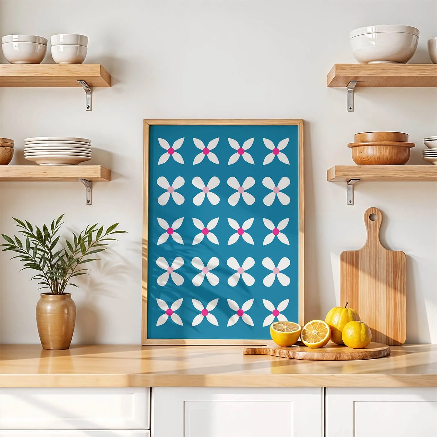 framed blue flowers print featuring abstract flower pattern displayed on white kitchen worktop