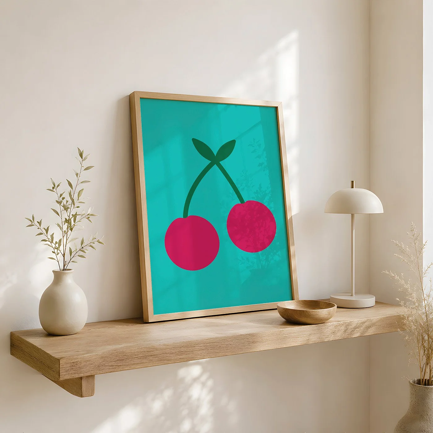 colourful green cherry print displayed on shelf