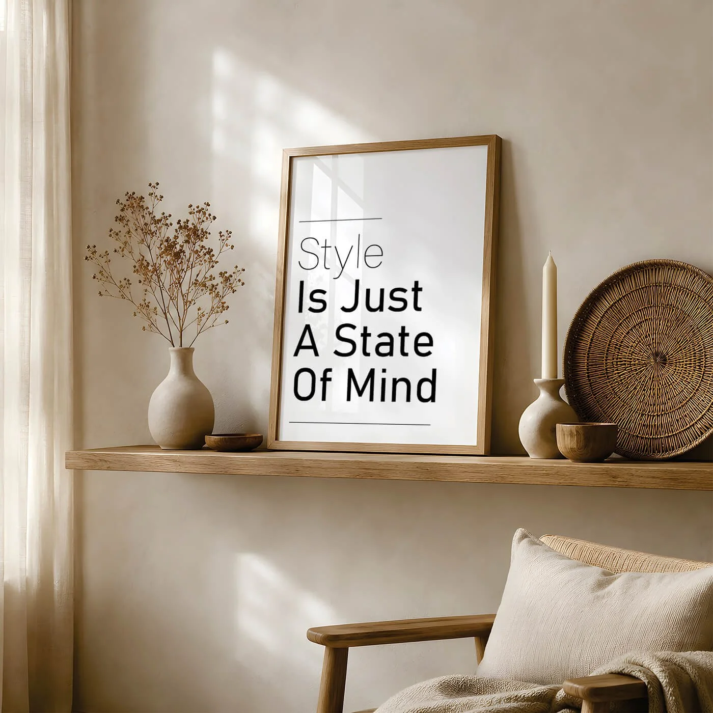 Modern typography print with the quote "Style Is Just A State Of Mind" displayed on a floating shelf in a neutral living room