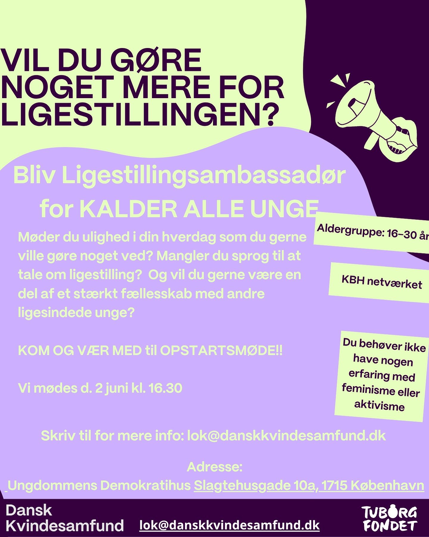 💕P&Aring; MANDAG d 2 juni har vi OPSTARTSM&Oslash;DE i vores nye LIGESTILLINGSAMBASSAD&Oslash;R-NETV&AElig;RK I KBH!!!💕

SKAL DU IK MED ?! 

Hvis du gerne vil g&oslash;re mere for ligestilling, i et st&aelig;rkt f&aelig;llesskab med andre ligesinde