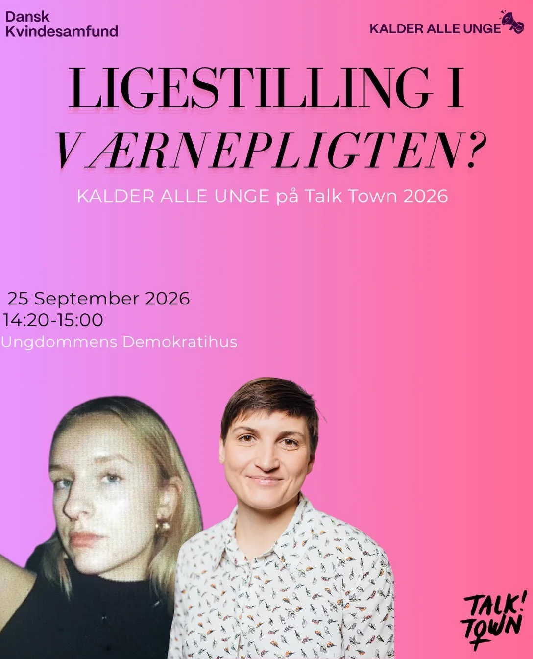 Hvad mener du om da v&aelig;rneret blev til v&aelig;rnepligt for kvinder?

V&aelig;r med til interaktiv samtale p&aring; Talk Town 2026! 

F&aring; viden fra veteran Karen Philippa, som deler sine erfaringer fra forsvaret og deltag i en omgang speedd