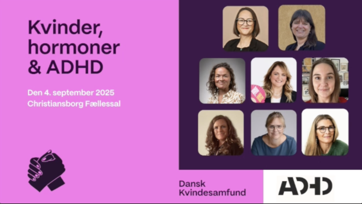 Flyer for kvinde- og ADHD-arrangement med billeder af ni kvinder, dato 4. september 2025, placering Christiansborg Fællessal, med logo af ADHD Danmark.