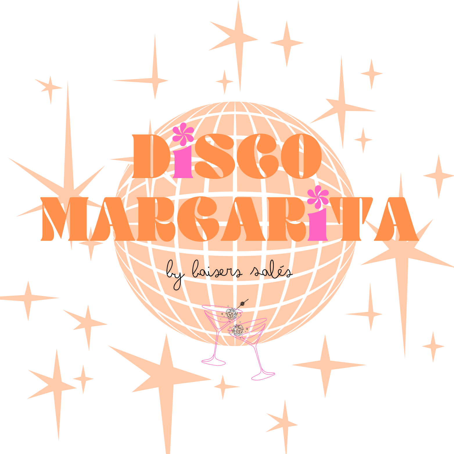 Un globe disco orange avec des étoiles autour et le texte "disco made me do it" en rose. Il y a aussi le texte "by loserosolé" en noir en dessous du globe.