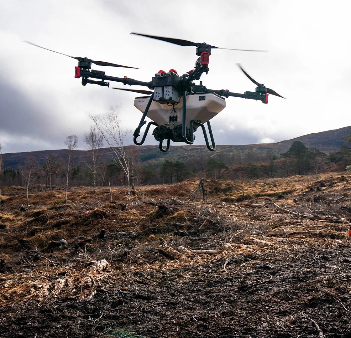 A drone flying over a burnt landscape with sparse trees and hills in the background.