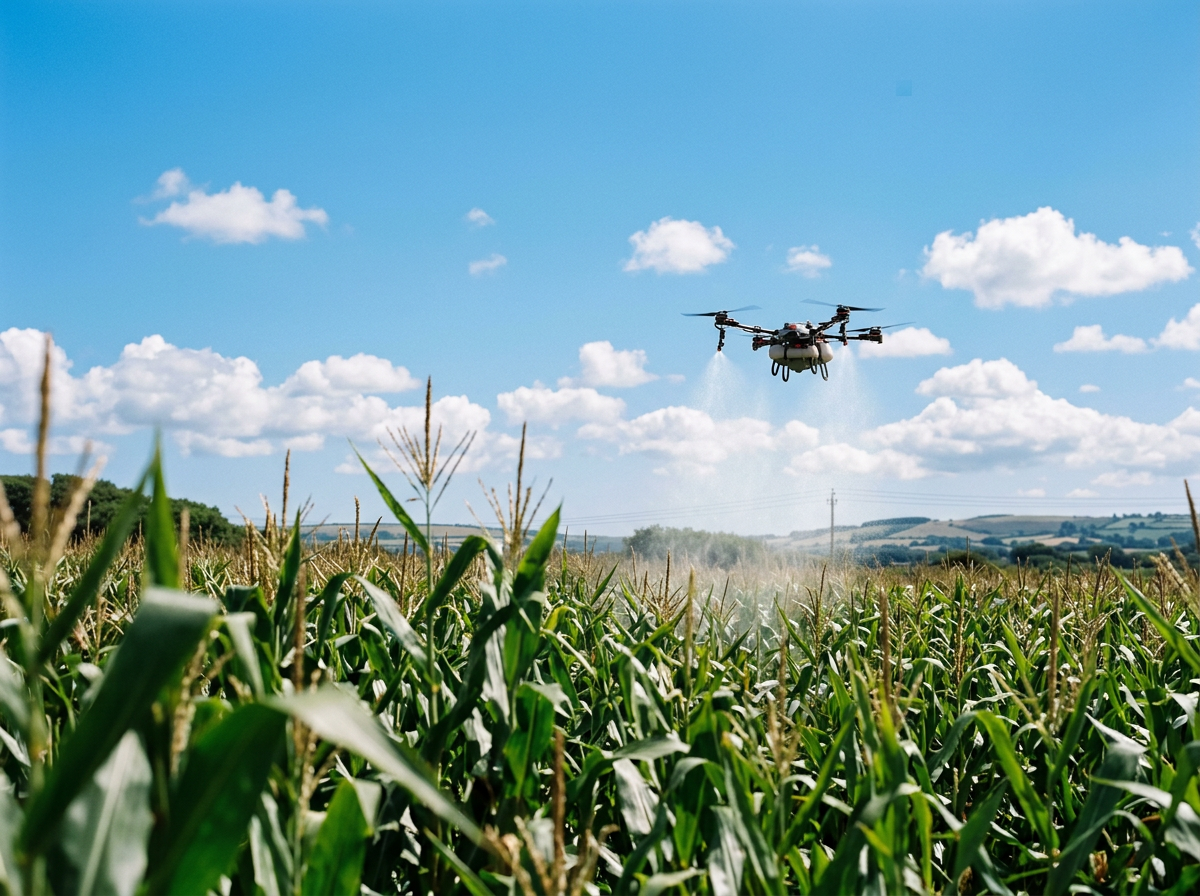 A drone spraying pesticides or fertilizers over a lush green cornfield under a blue sky with scattered clouds.