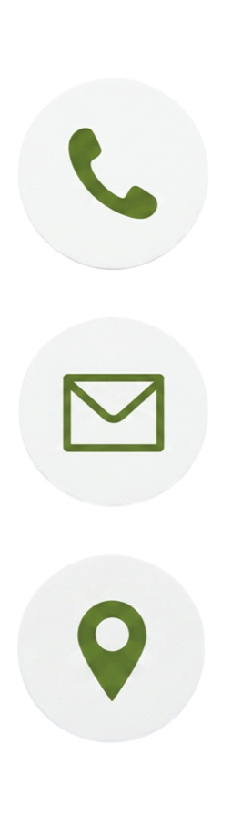 Icons for phone call, email, and location on a white background.