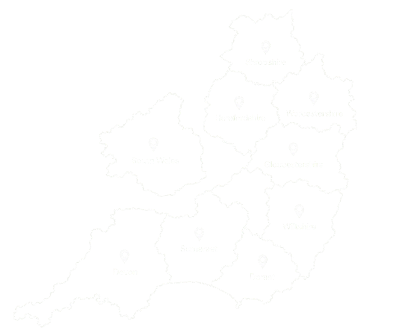 Map of England with regions labeled: South Wales, Devon, Somerset, Dorset, Wiltshire, Gloucestershire, Herefordshire, Shropshire, Worcestershire.