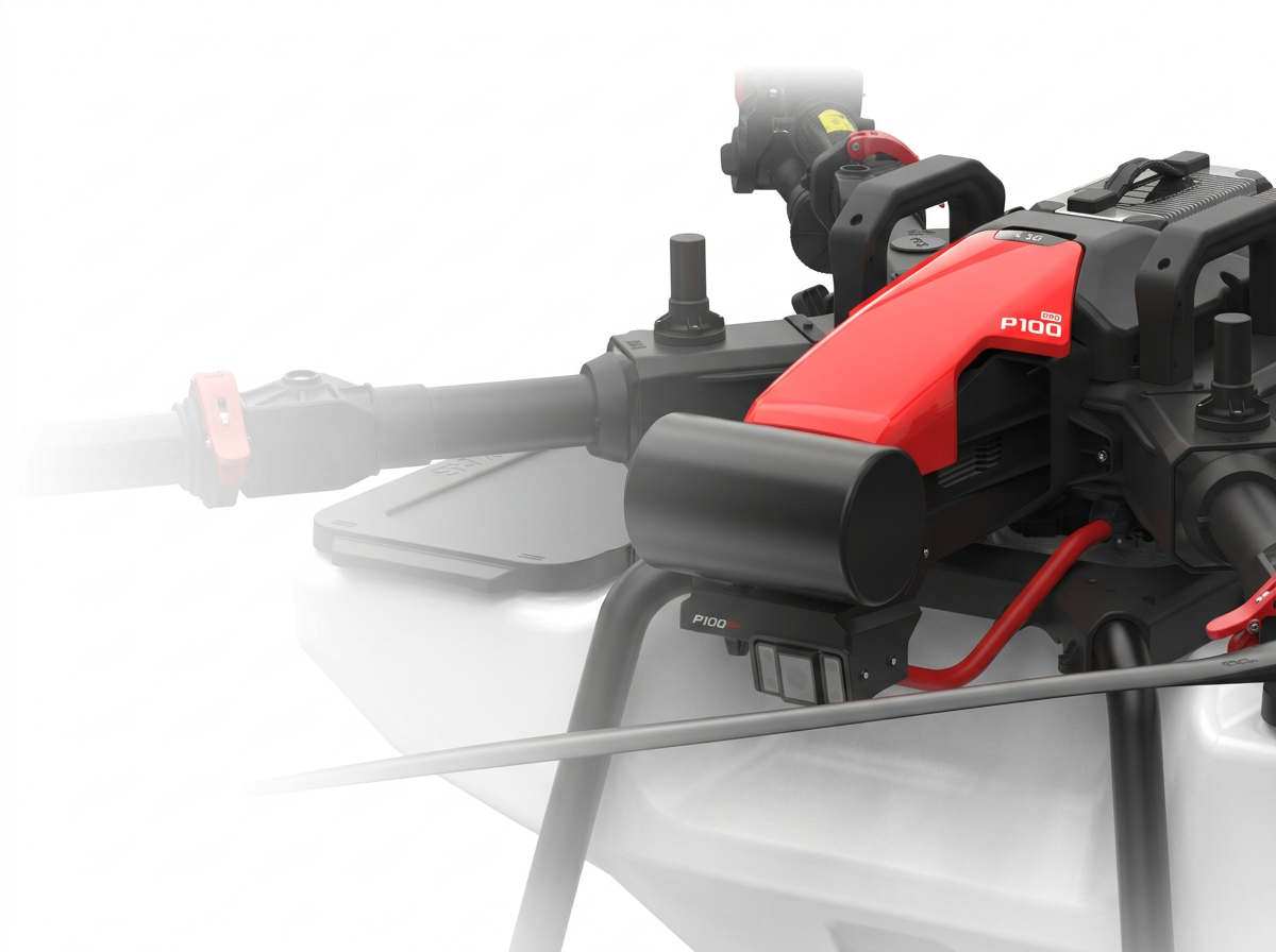 A close-up view of a red and black New Holland P100 Pro engine mounted on a white piece of equipment, with the handle and controls partially visible.