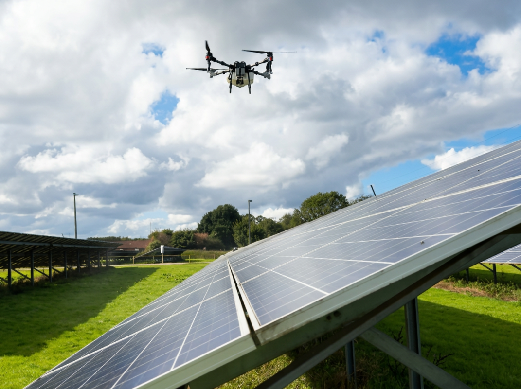 Drone flying above solar panels in a solar farm on a partly cloudy day.